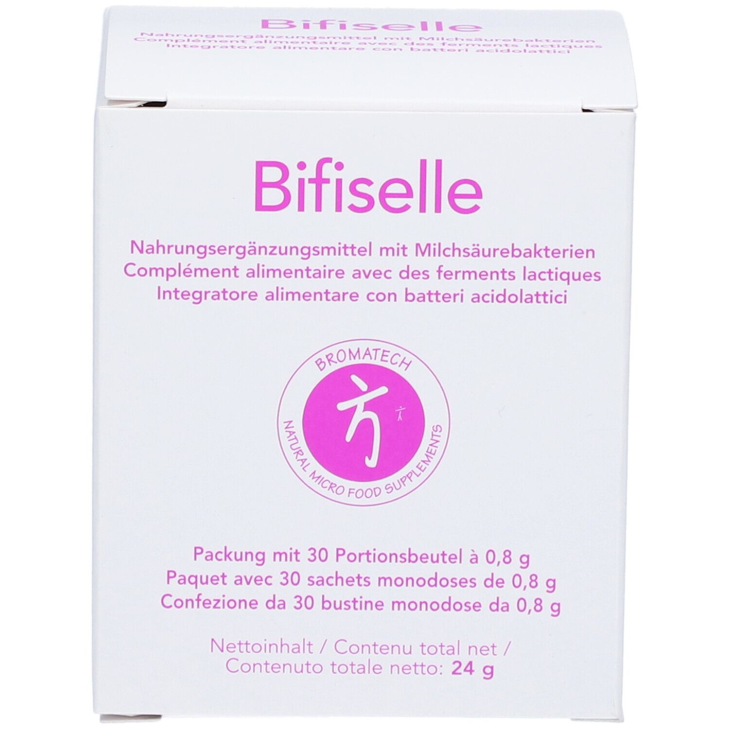 Boîte blanche avec inscription rose "Bifiselle". Contient 30 portions. Logo Bromatech.
