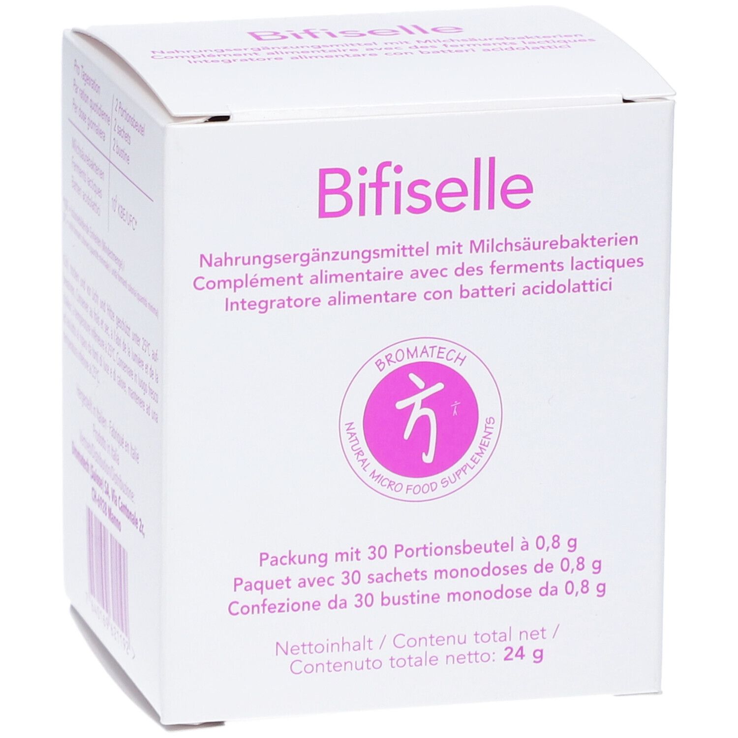Boîte blanche avec inscription rose "Bifiselle". Contient 30 portions. Logo Bromatech.