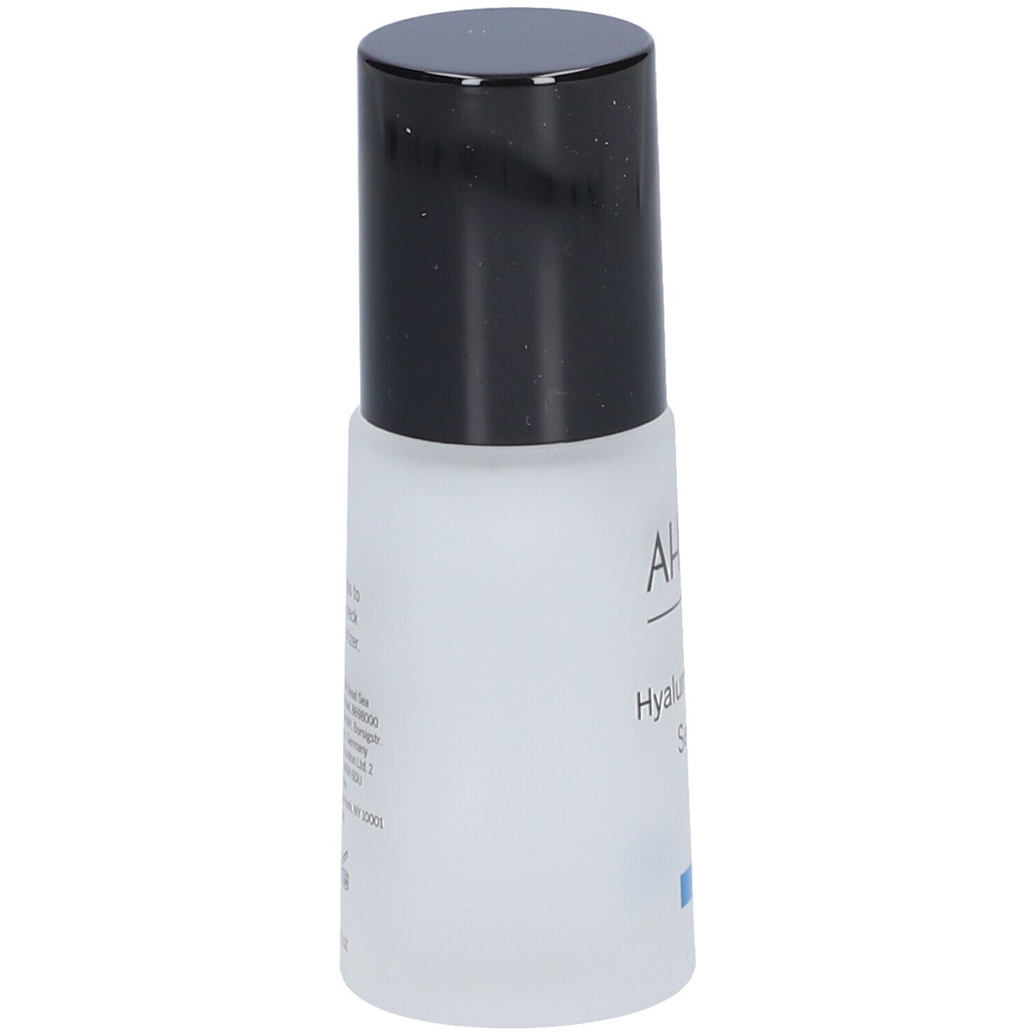 AHAVA Hyaluronsäure Serum. Weiße Flasche mit schwarzem Deckel. Rückseite mit Text. Blaue Linie unten.