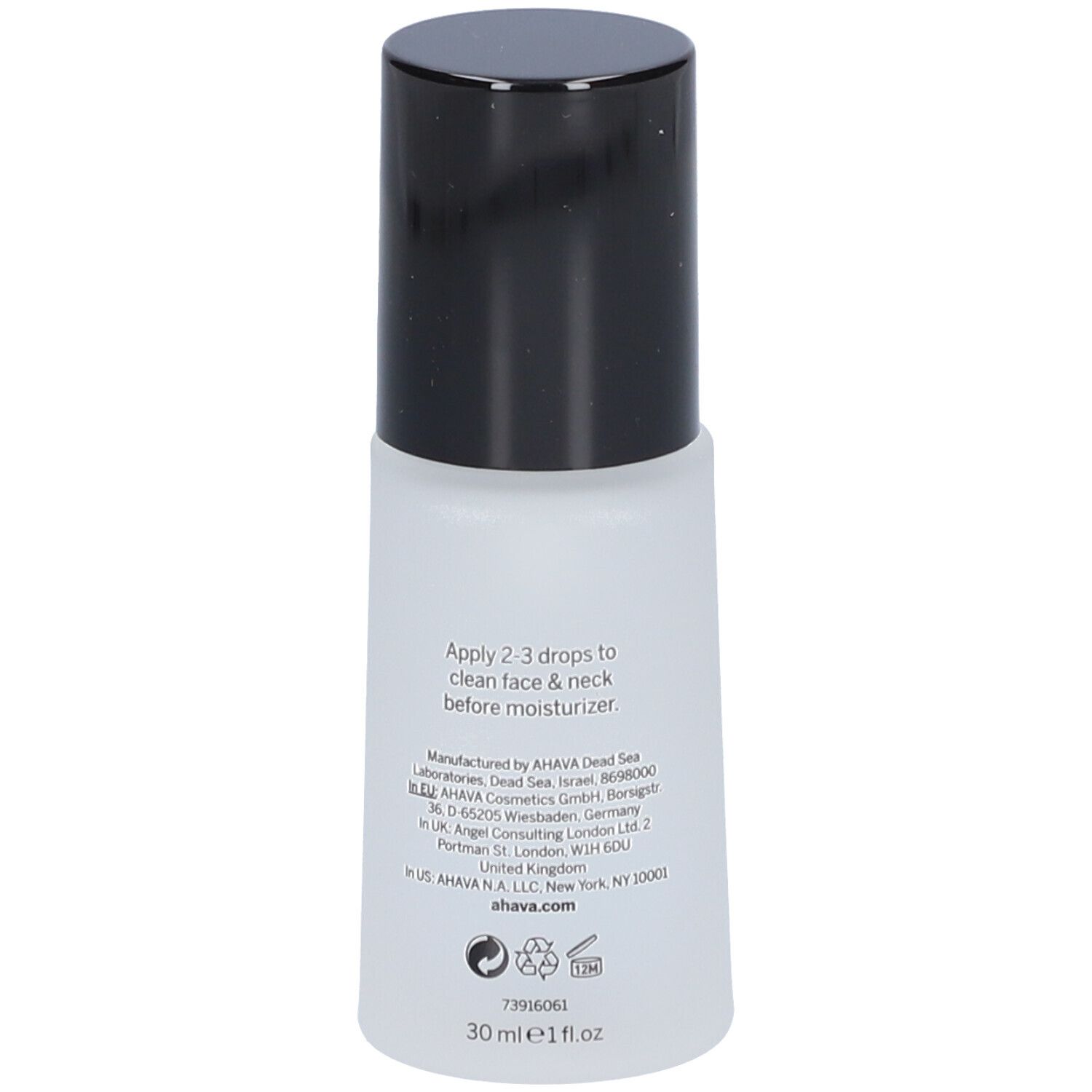 AHAVA Hyaluronsäure Serum. Weiße Flasche mit schwarzem Deckel. Rückseite mit Text. 30 ml. Anweisungen.