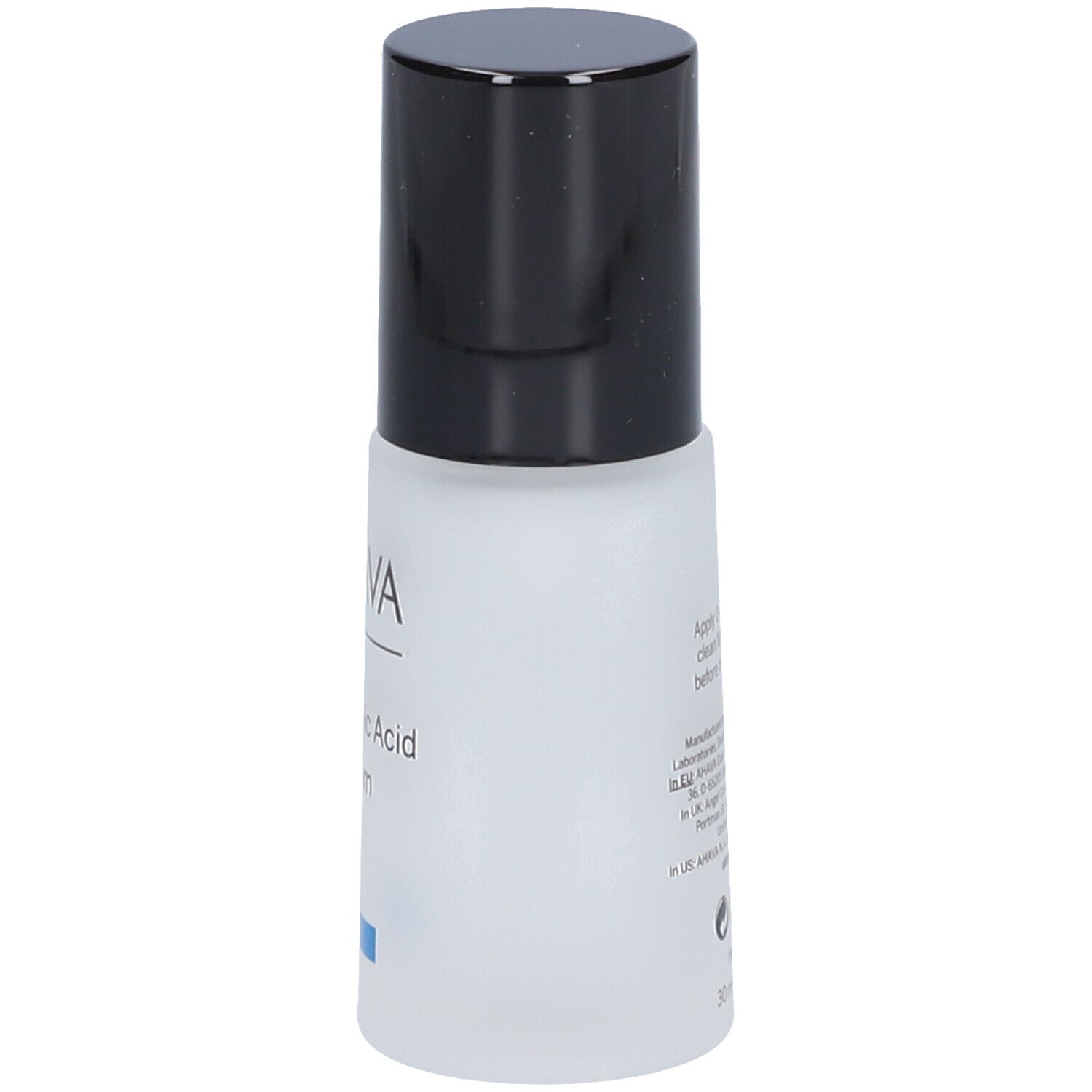 AHAVA Hyaluronsäure Serum. Weiße Flasche mit schwarzem Deckel. Schriftzug AHAVA und Serum. Blaue Linie.