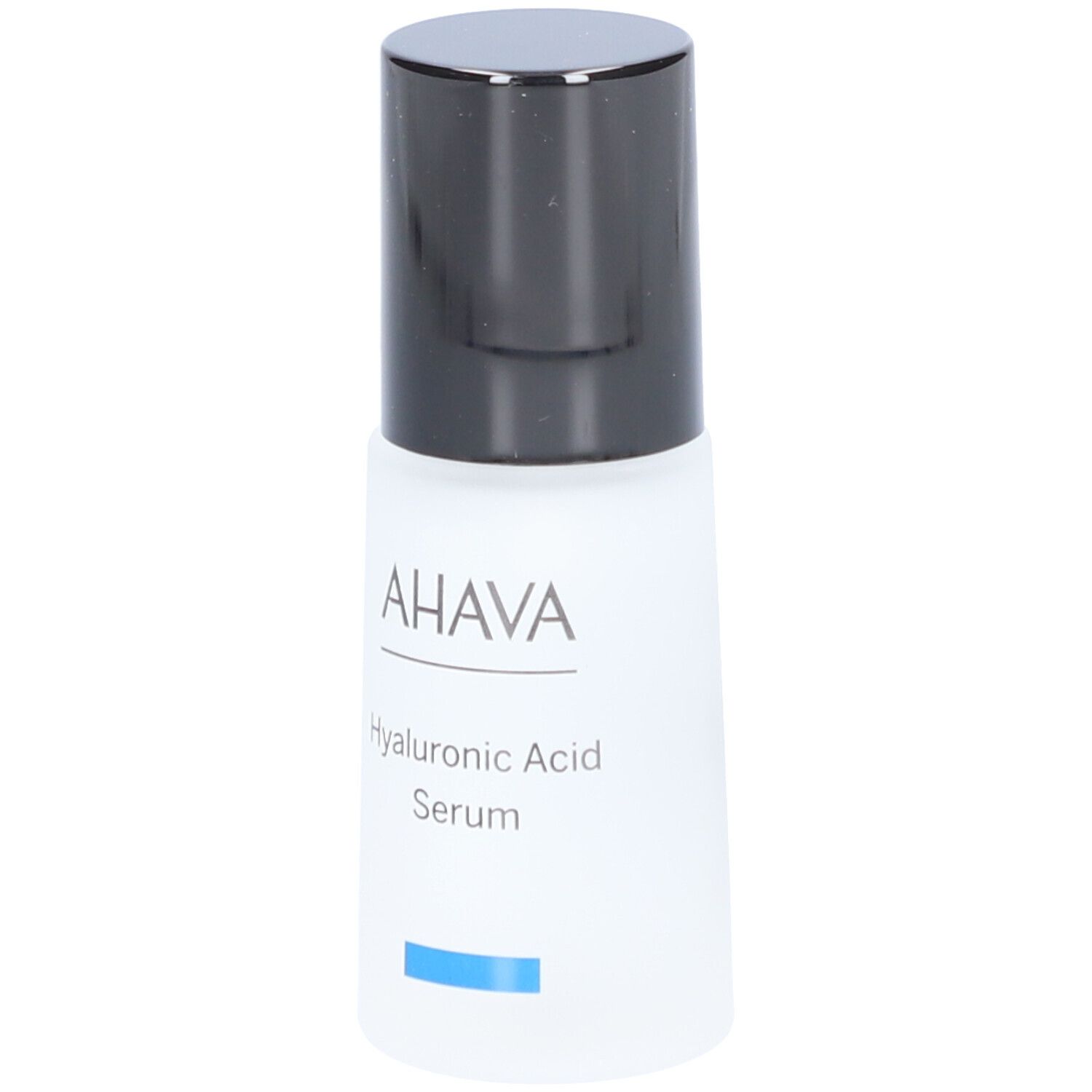 AHAVA Hyaluronsäure Serum. Weiße Flasche mit schwarzem Deckel. Schriftzug AHAVA und Serum. Blaue Linie.