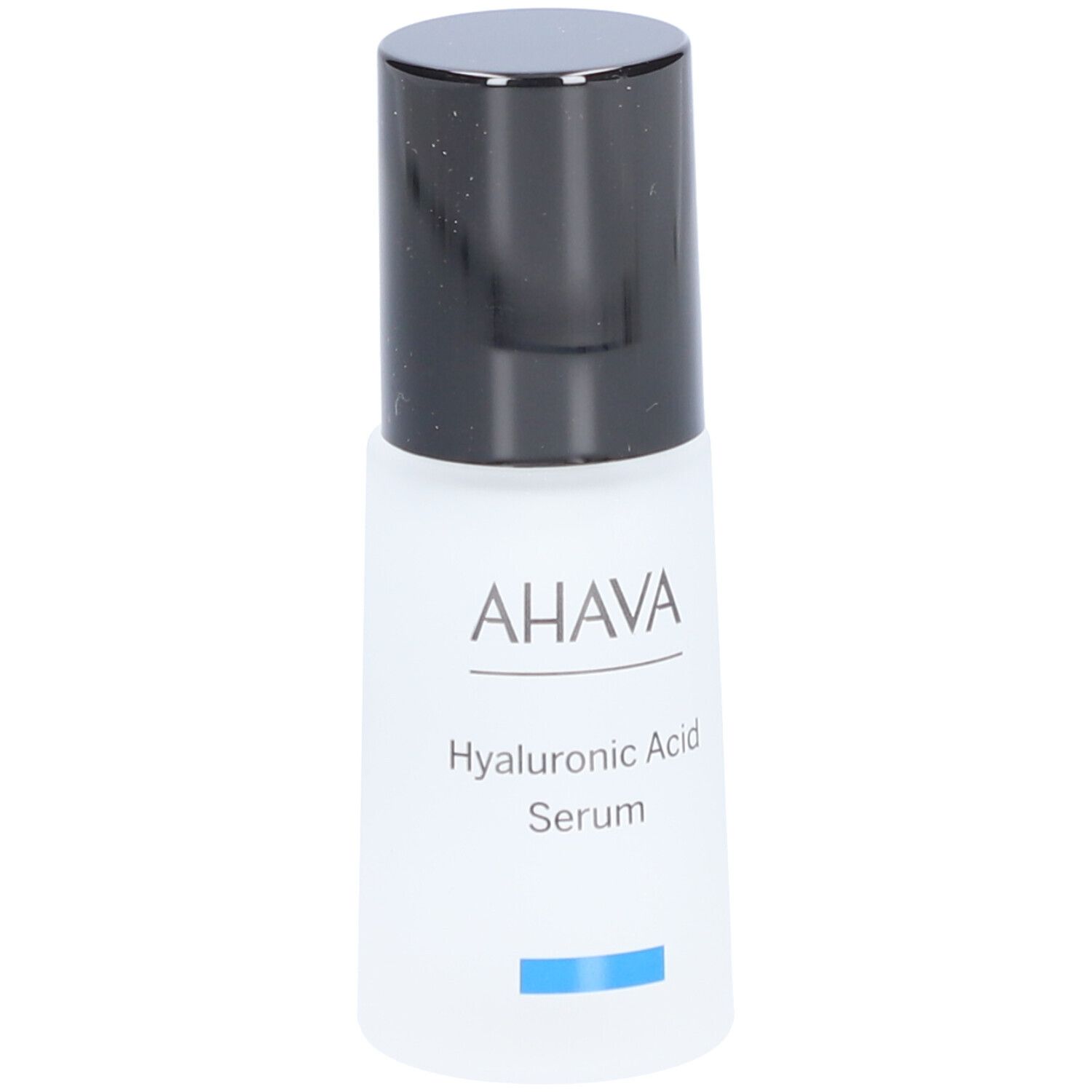 AHAVA Hyaluronsäure Serum. Weiße Flasche mit schwarzem Deckel. Schriftzug AHAVA und Serum. Blaue Linie.