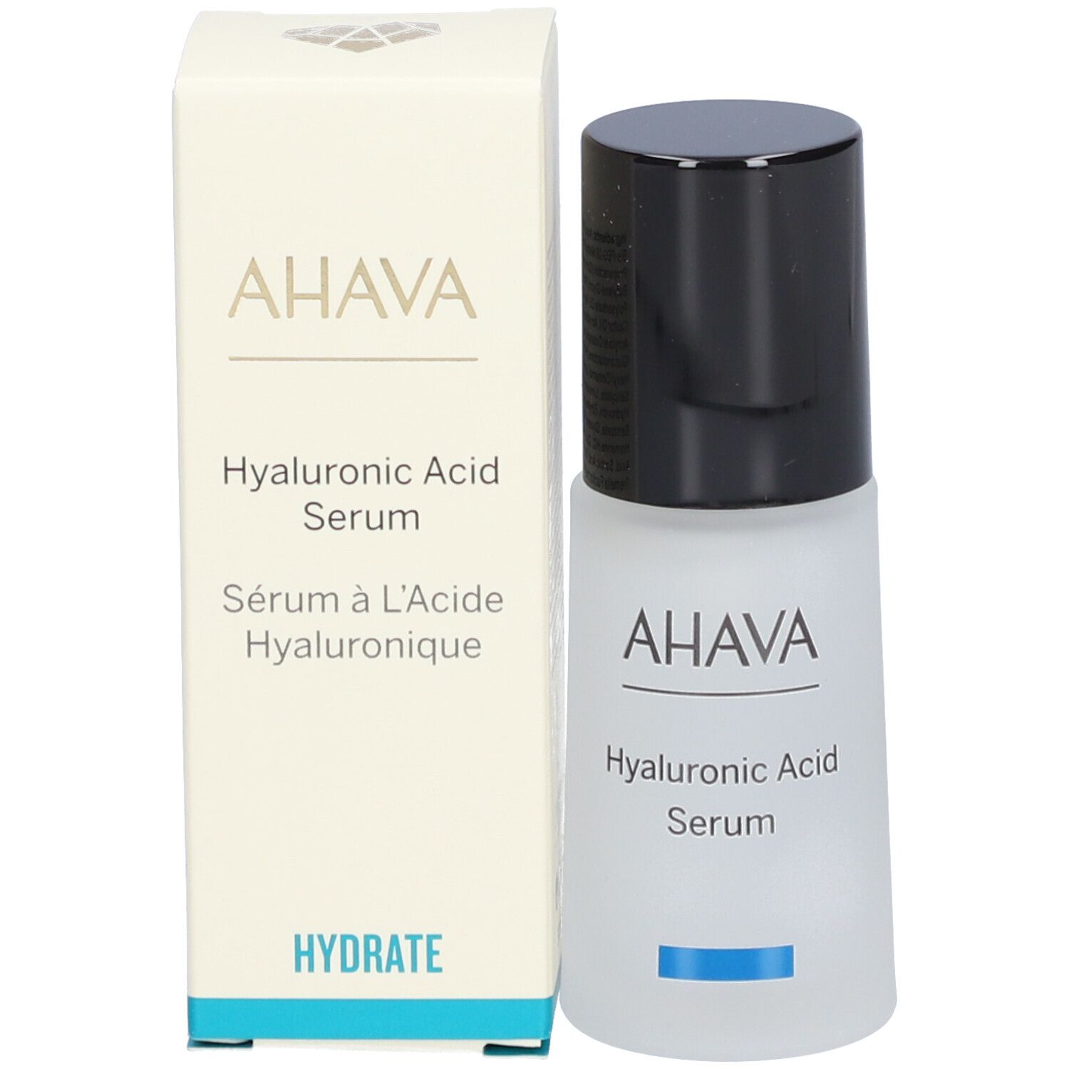 AHAVA Hyaluronsäure Serum und Verpackung. Flasche und Karton. Schriftzug AHAVA, Serum, Hydrate.