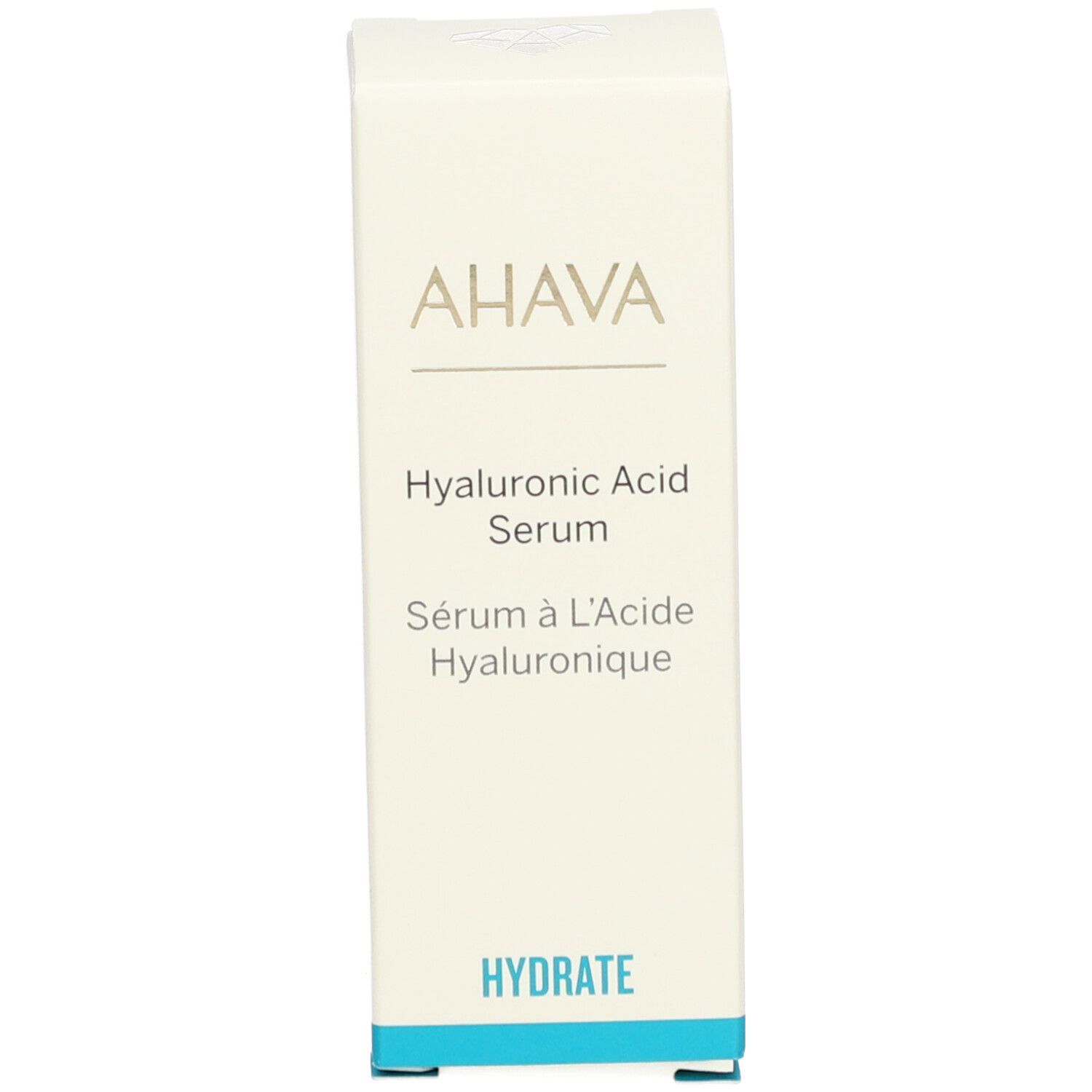 AHAVA Hyaluronsäure Serum Verpackung. Karton mit Schriftzug AHAVA, Serum, Hydrate. Blau unten.