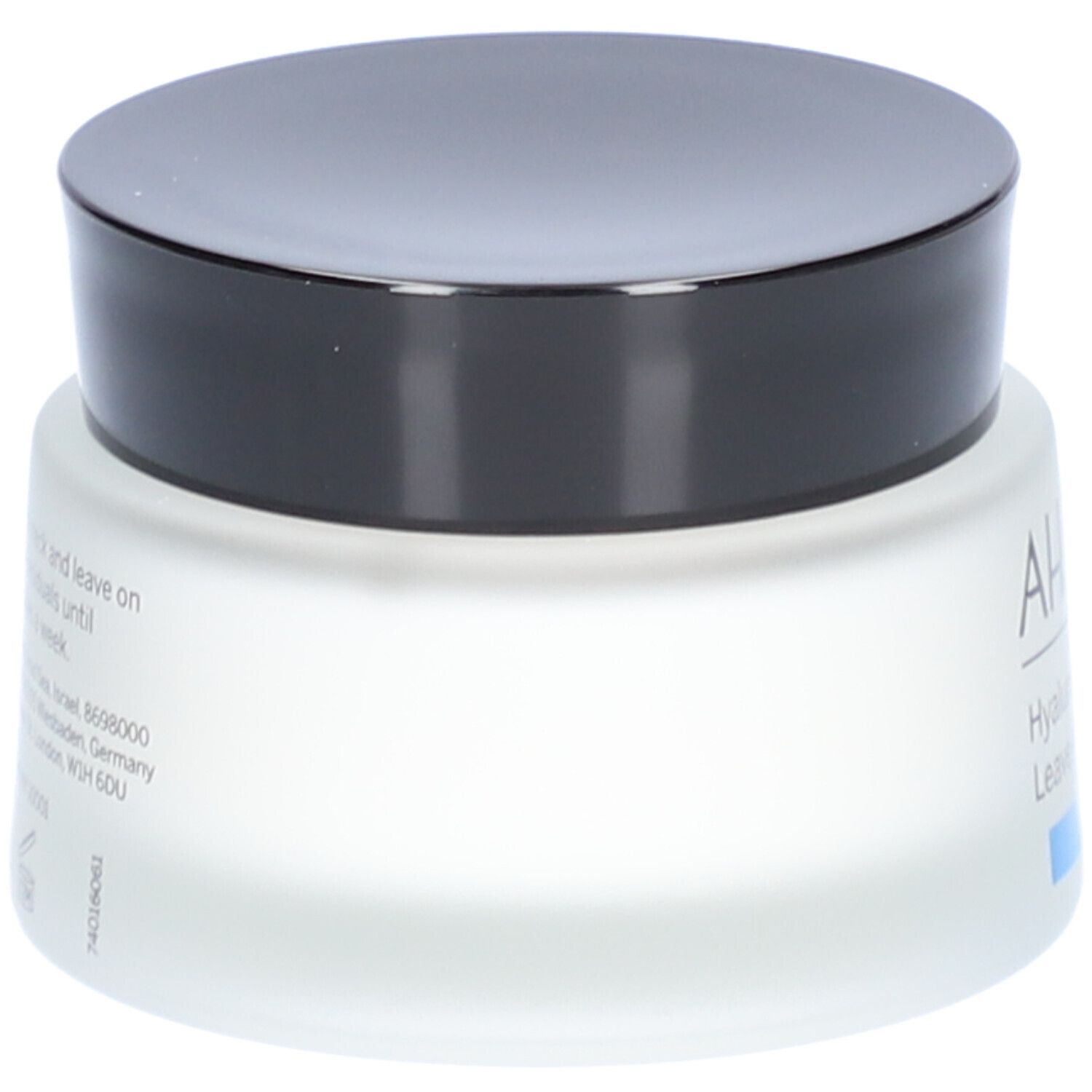 AHAVA-Tiegel, schwarzer Deckel. Rückseite mit Text. Aufschrift: Hyaluronsäure Leave-on Maske. Blauer Streifen.