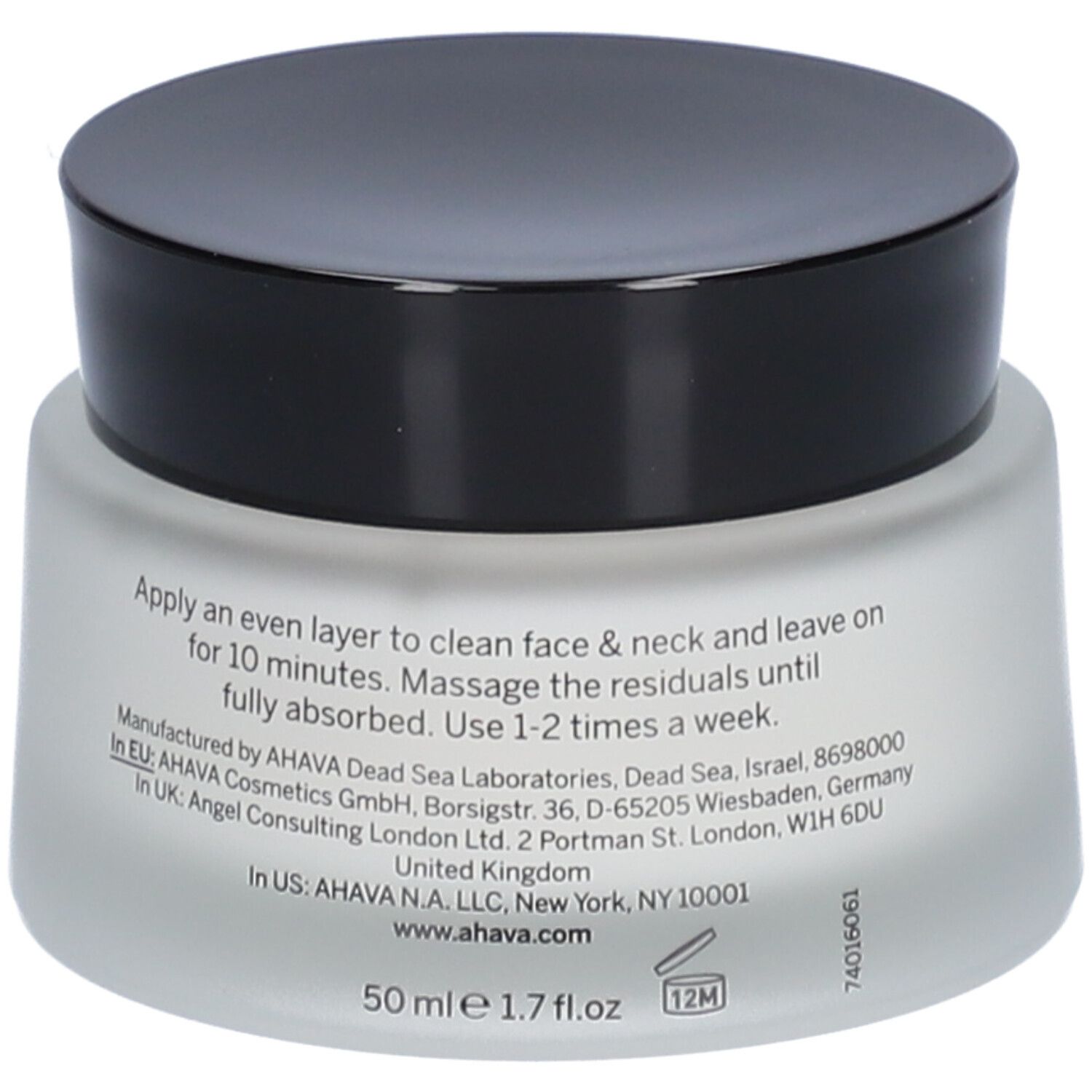 AHAVA-Tiegel mit schwarzem Deckel. Rückseite mit Text. Aufschrift: 50 ml 1.7 fl.oz. 12M.