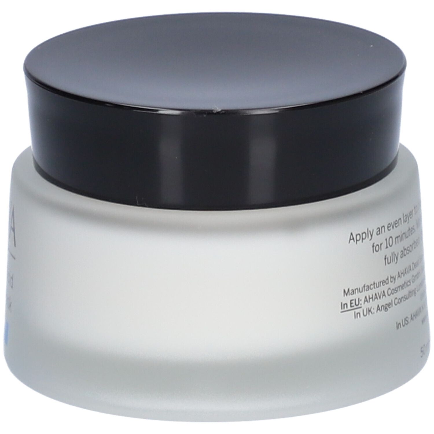 AHAVA-Tiegel mit schwarzem Deckel. Rückseite mit Text. Aufschrift: Hyaluronsäure Leave-on Maske. Blauer Streifen.