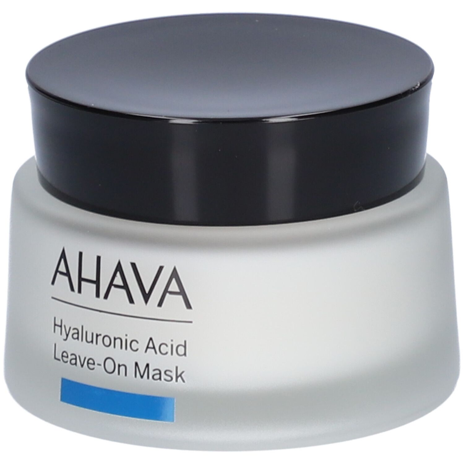 AHAVA-Tiegel mit schwarzem Deckel. Aufschrift: Hyaluronsäure Leave-on Maske. Blauer Streifen.
