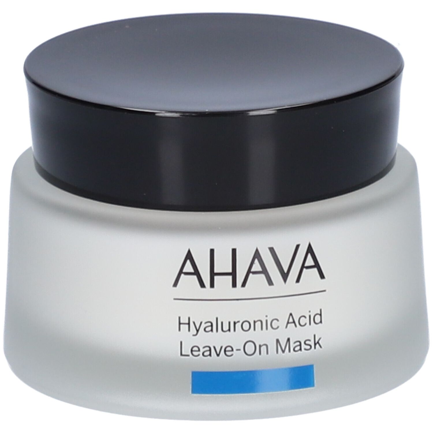 AHAVA-Tiegel mit schwarzem Deckel. Aufschrift: Hyaluronsäure Leave-on Maske. Blauer Streifen.