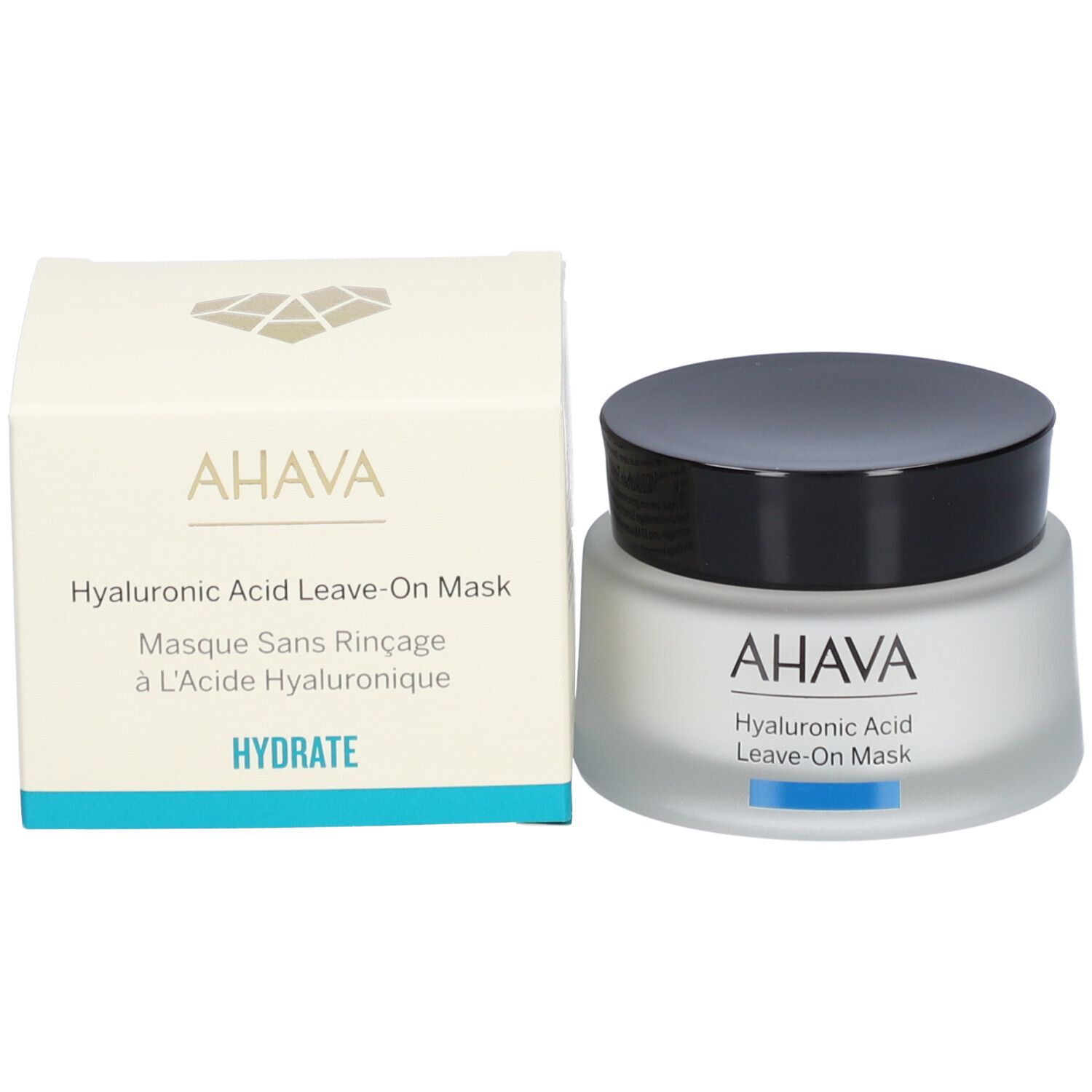 AHAVA-Tiegel und Karton. Aufschrift: Hyaluronsäure Leave-on Maske. Karton: Hydrate.