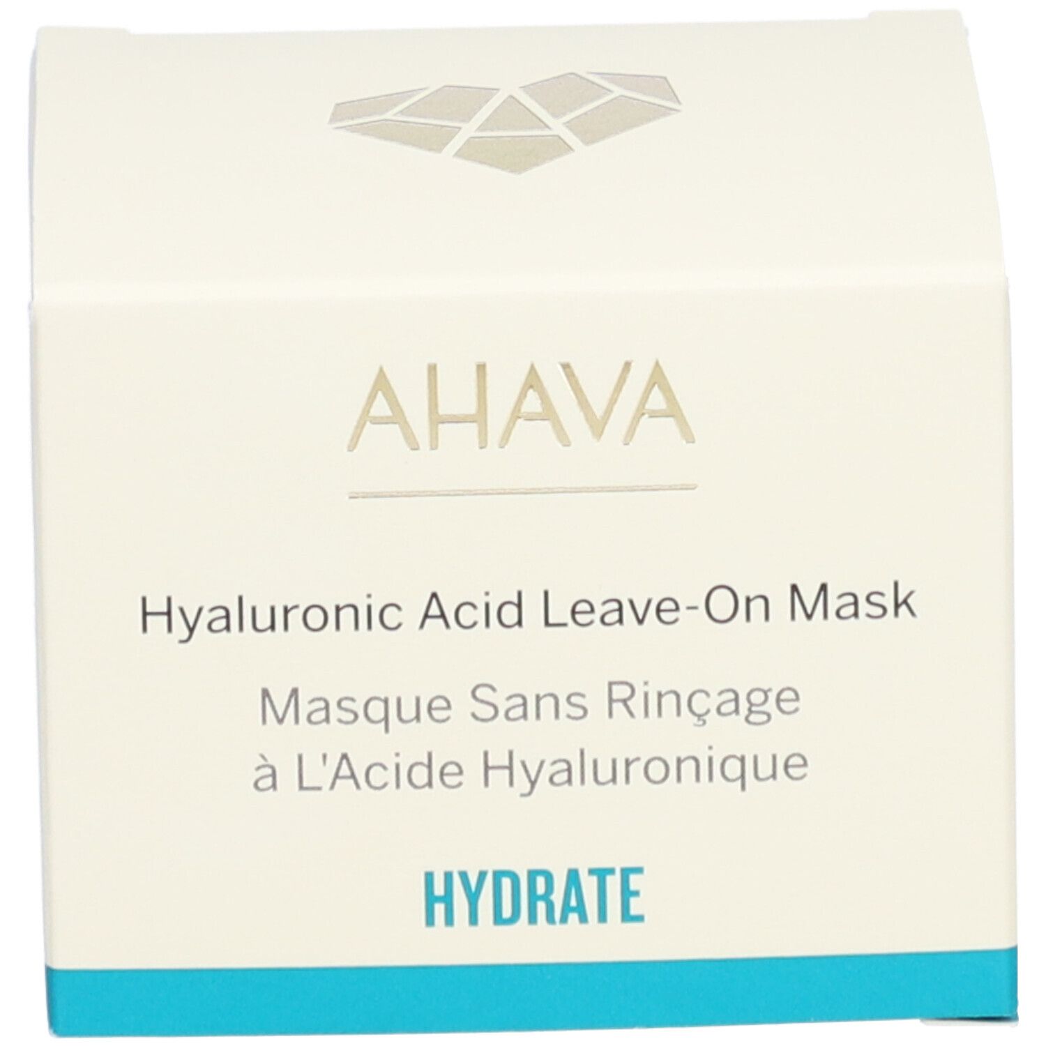 Karton mit Aufschrift: Hyaluronsäure Leave-on Maske. Aufschrift: Hydrate.