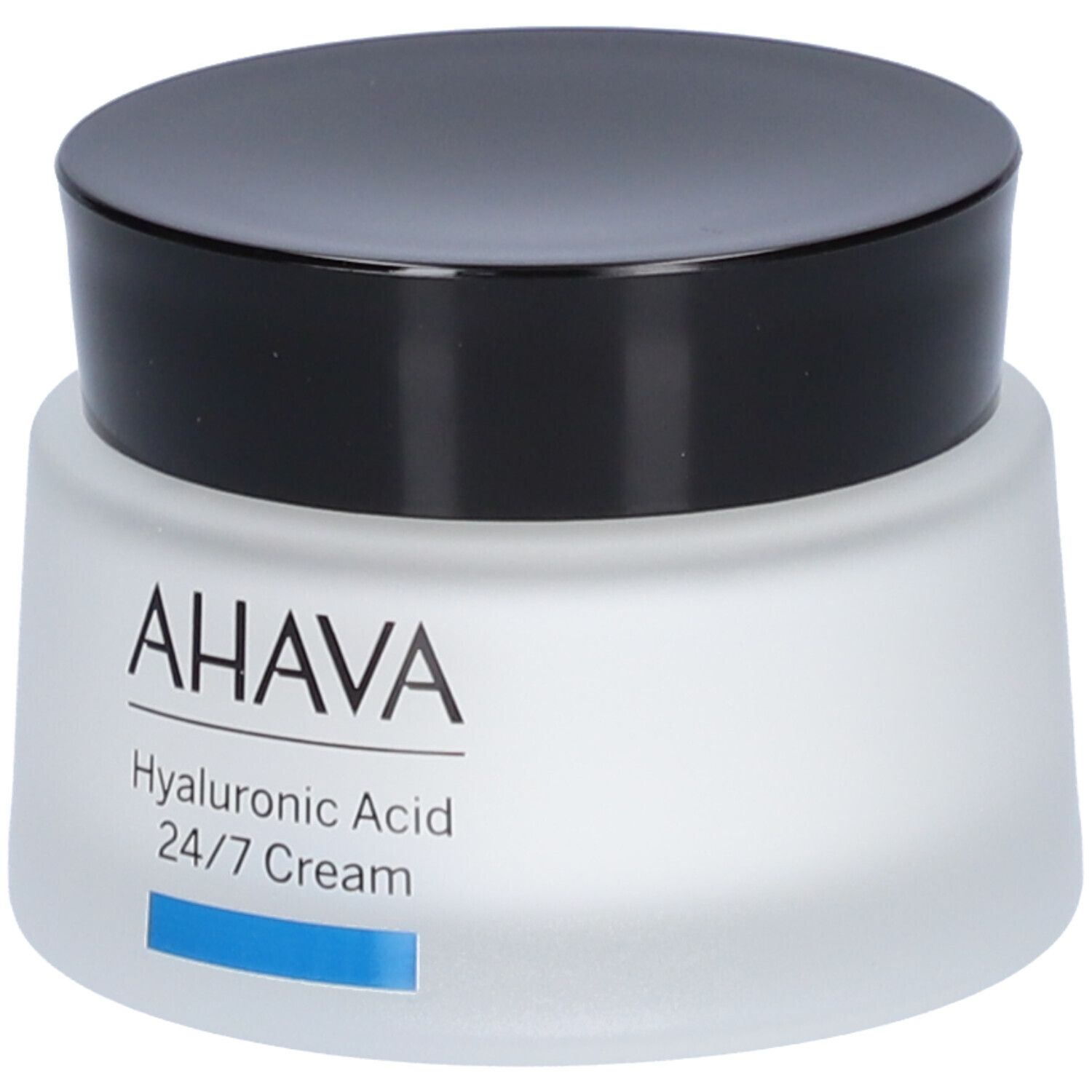 Creme-Tiegel mit schwarzem Deckel. Aufschrift AHAVA, Hyaluronic Acid 24/7 Cream. Blaue Markierung.