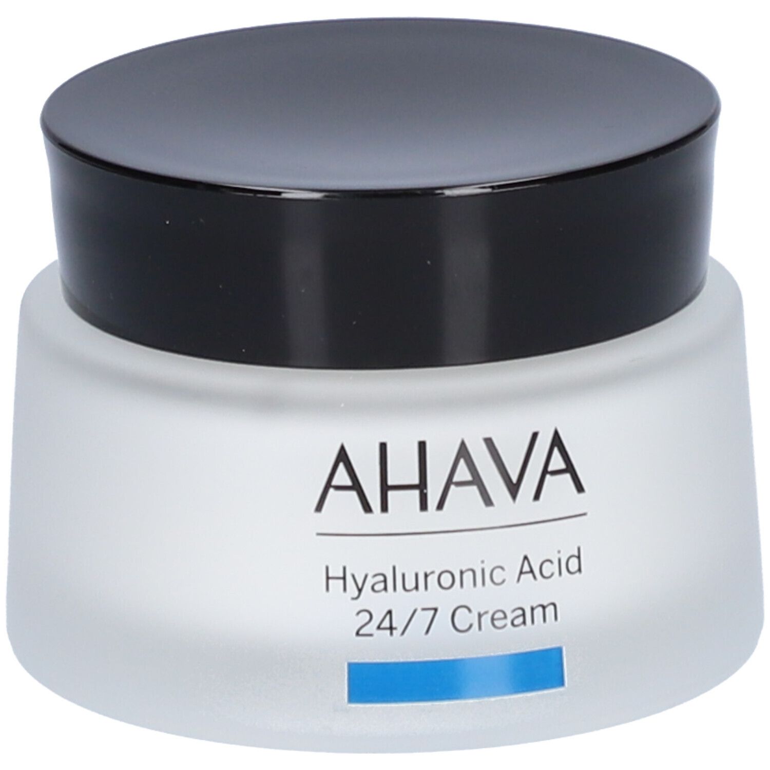 Creme-Tiegel mit schwarzem Deckel. Aufschrift AHAVA, Hyaluronic Acid 24/7 Cream. Blaue Markierung.