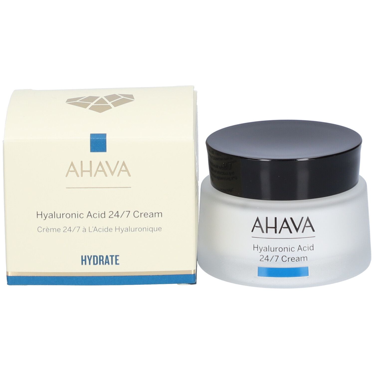 Creme-Tiegel und Schachtel. Aufschrift AHAVA, Hyaluronic Acid 24/7 Cream. Text: HYDRATE.