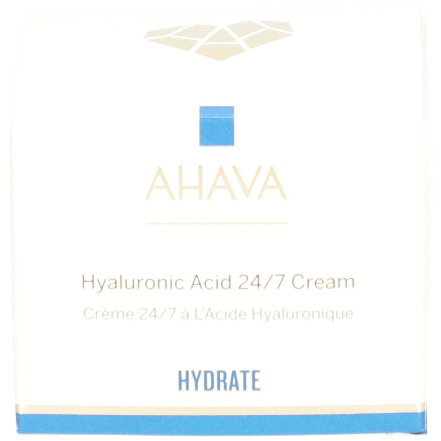 Schachtel mit AHAVA-Logo und Text: Hyaluronic Acid 24/7 Cream. Text: HYDRATE. Blaue Markierung.