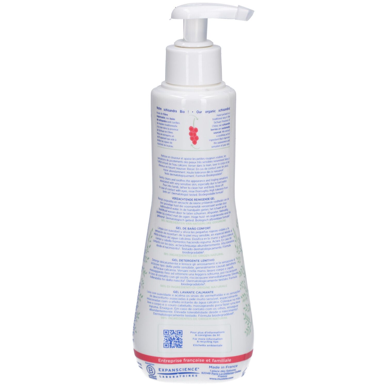 Rückseite der weißen Flasche mit Pumpe. Text in mehreren Sprachen. Informationen zum Produkt.