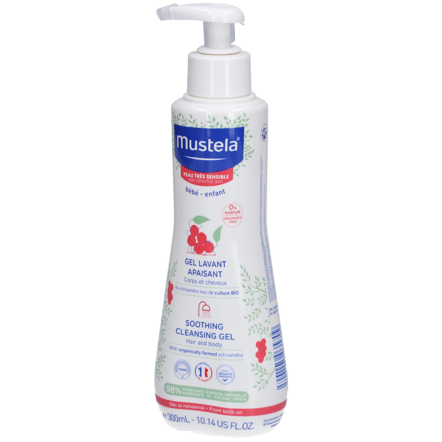 Weiße Flasche mit Pumpe. Aufschrift Mustela, Gel Lavant Apaisant, Soothing Cleansing Gel. Für Körper und Haare.