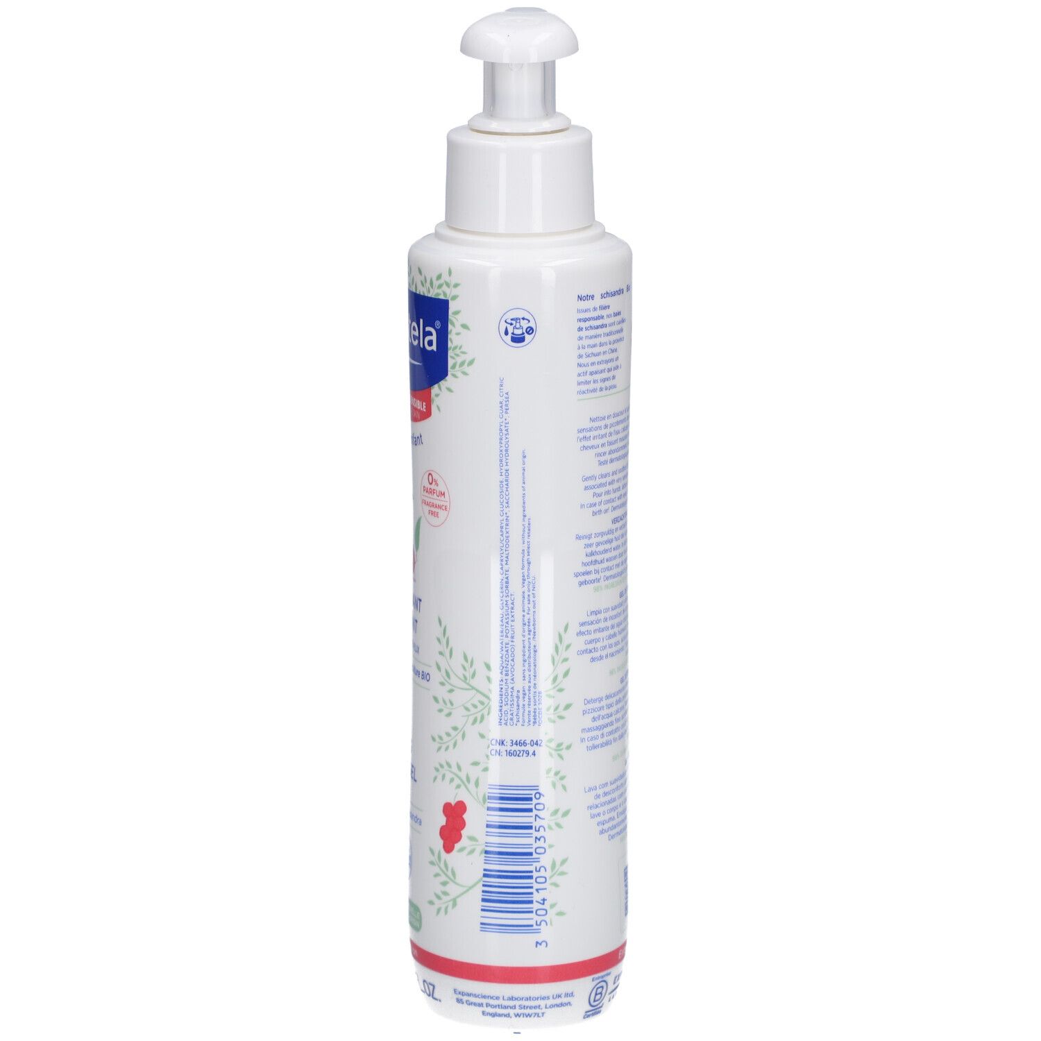 Weiße Flasche mit Pumpe. Seitliche Ansicht mit Text und floralem Muster. Produktname und Informationen.