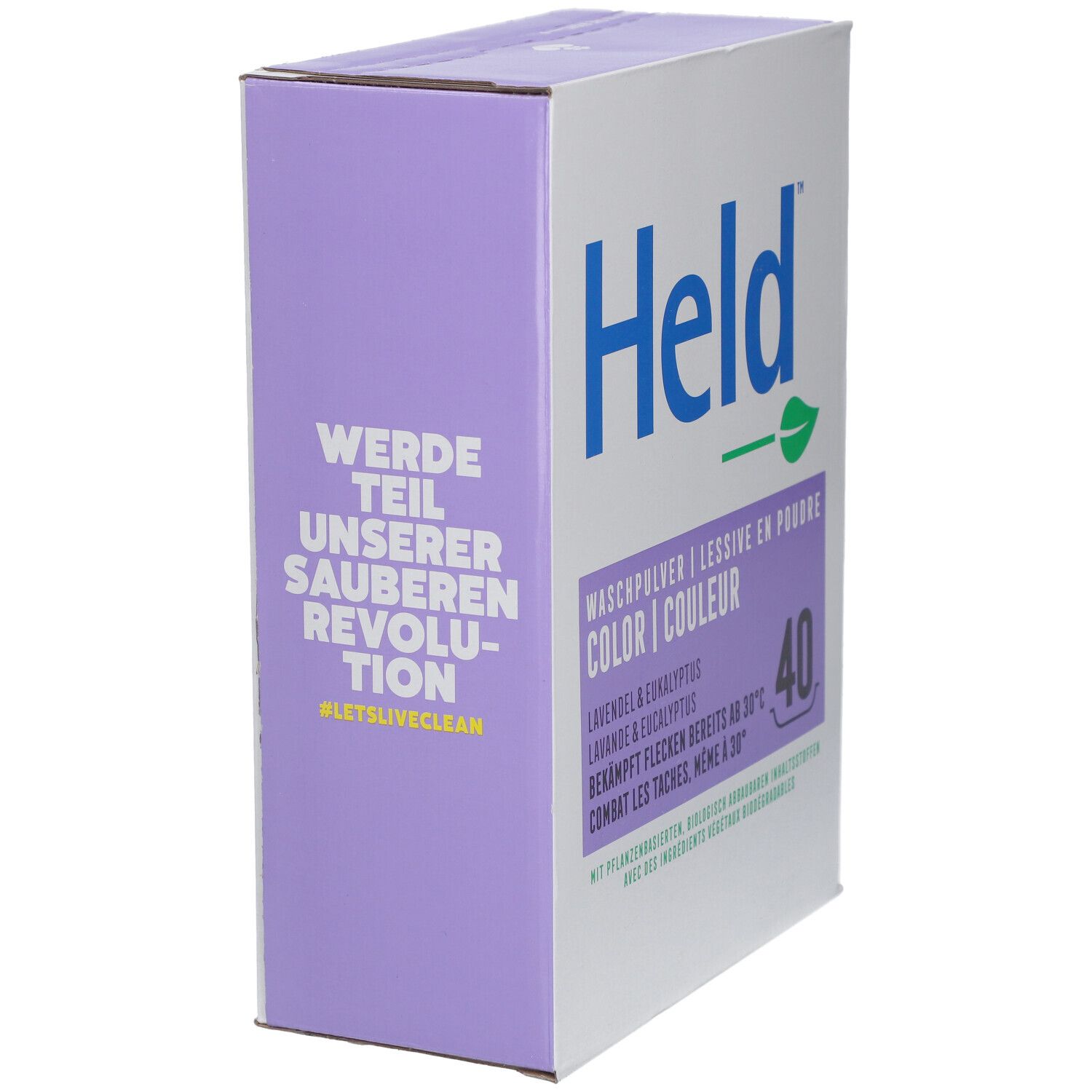 Karton Held Waschpulver Color, Lavendel & Eukalyptus. Lila Seite mit Text. Weißer Karton mit Logo und Text.