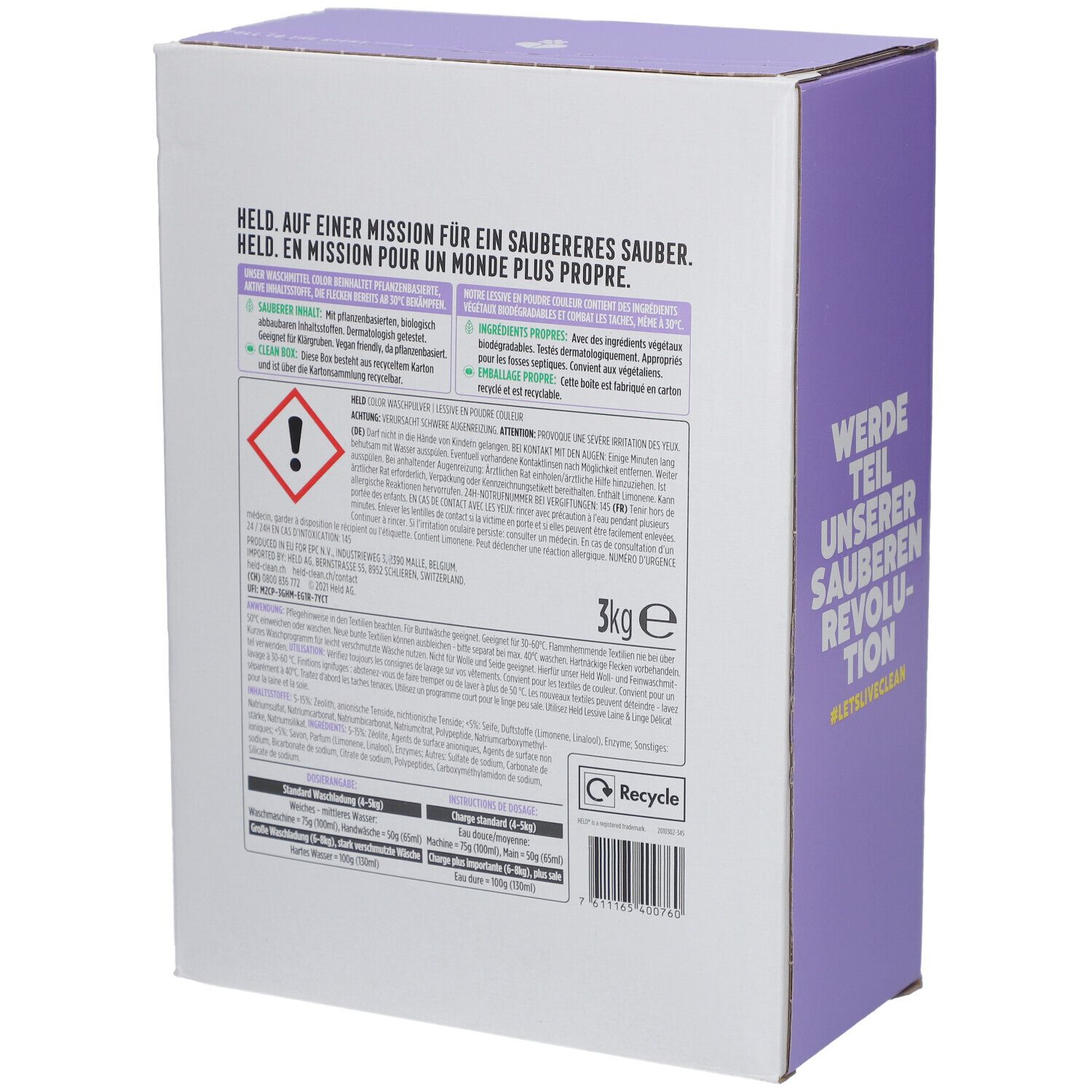 Rückseite der Waschpulver-Karton. Text in Deutsch, Französisch. Warnhinweis. 3kg e. Recycling-Symbol.