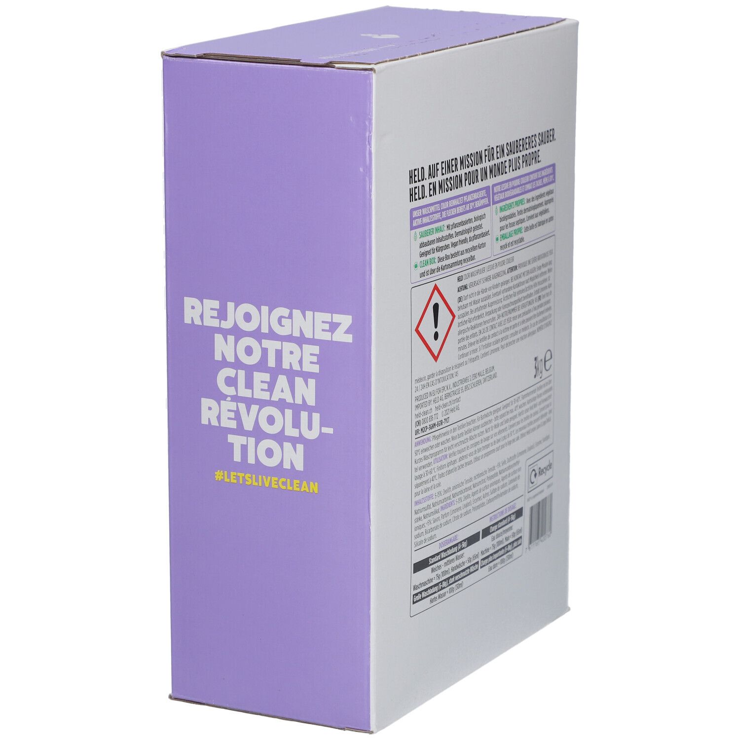 Seite der Waschpulver-Karton. Text in Deutsch, Französisch. Warnhinweis. 3kg e. Recycling-Symbol.