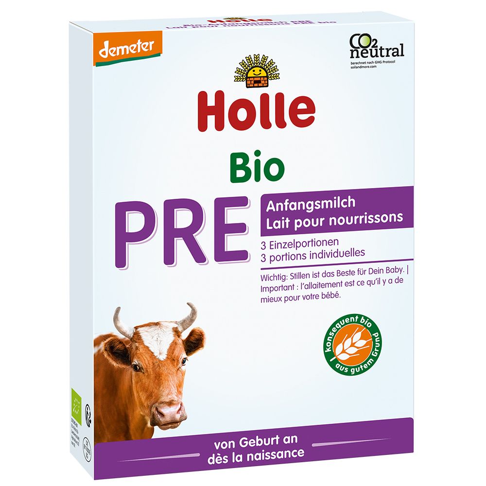 Holle Bio PRE Anfangsmilch-Packung. Enthält 3 Einzelportionen. Kuh-Illustration. Demeter-Siegel.