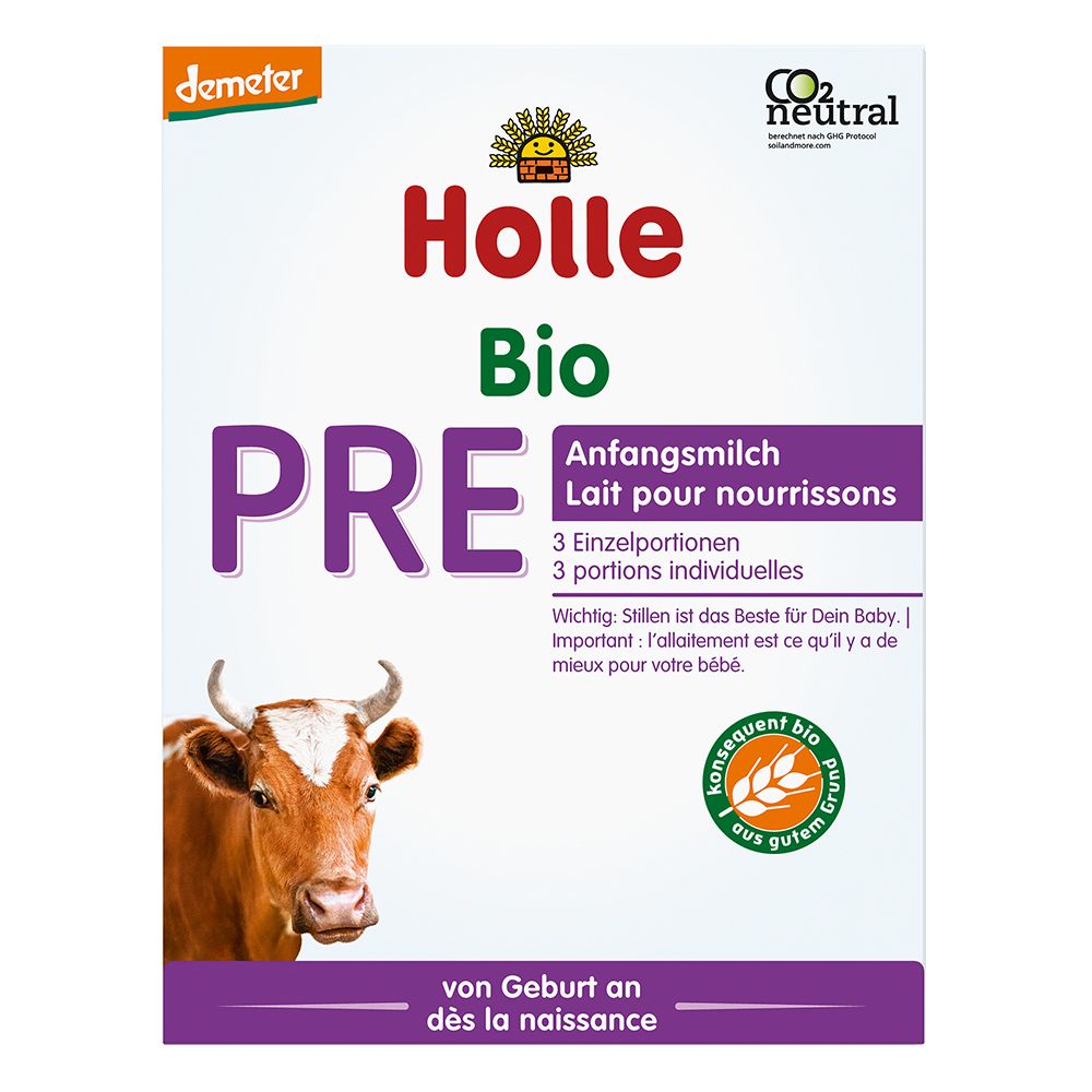 Holle Bio PRE Anfangsmilch-Packung. Kuh-Illustration. Demeter-Siegel. CO2-neutral.