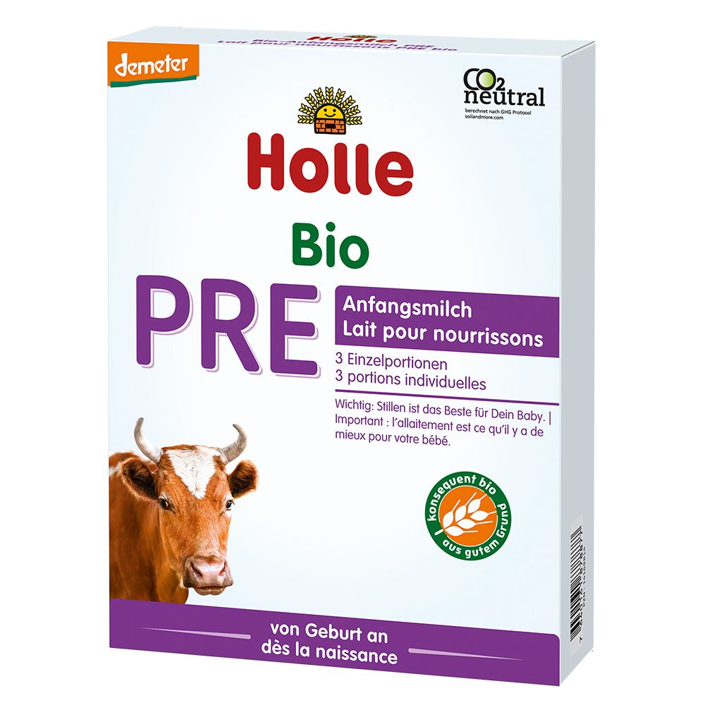 Holle Bio PRE Anfangsmilch-Packung. Kuh-Illustration. Demeter-Siegel. CO2-neutral.