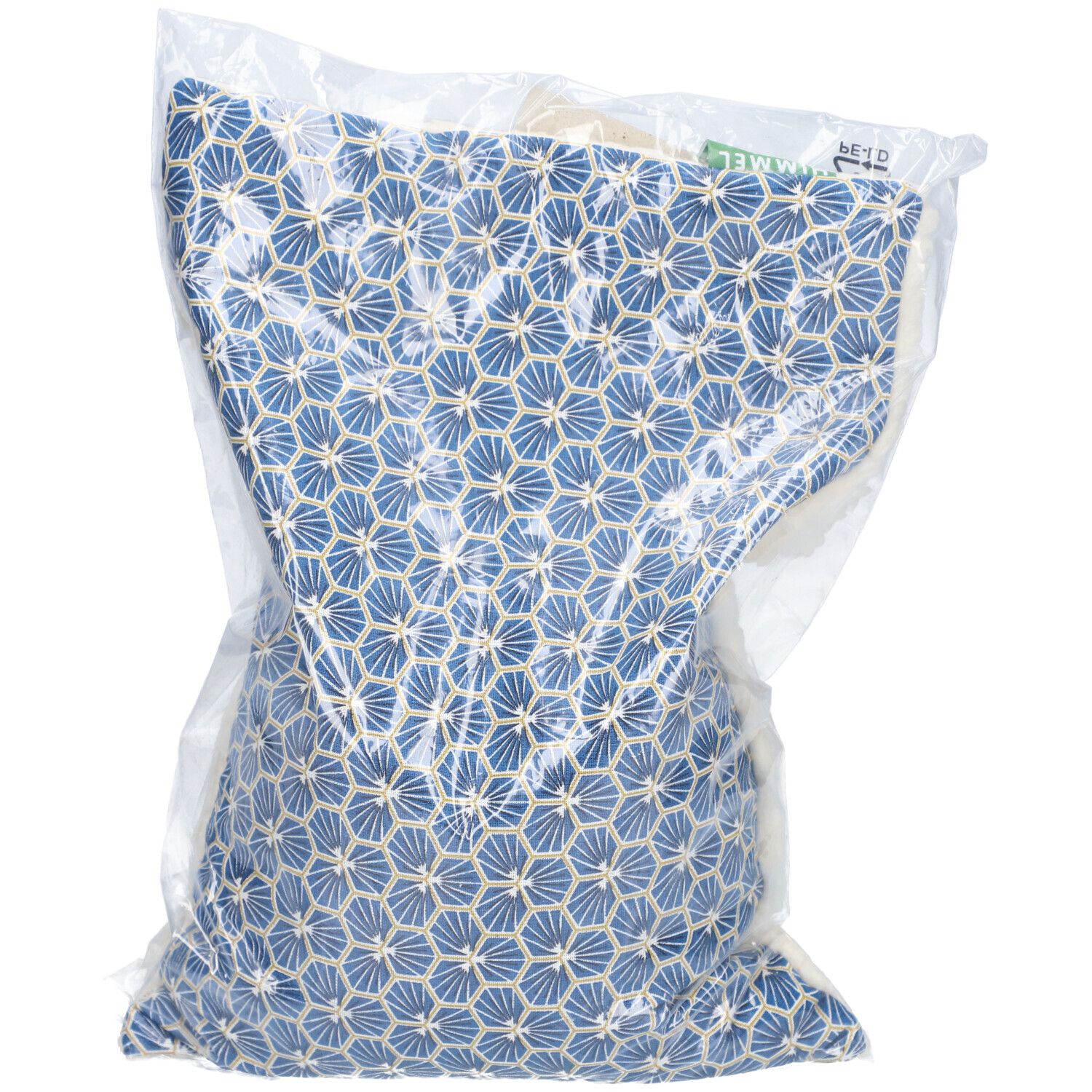 Blaues Kissen mit floralem Muster in transparenter Verpackung. Siegel mit Produktnamen sichtbar.