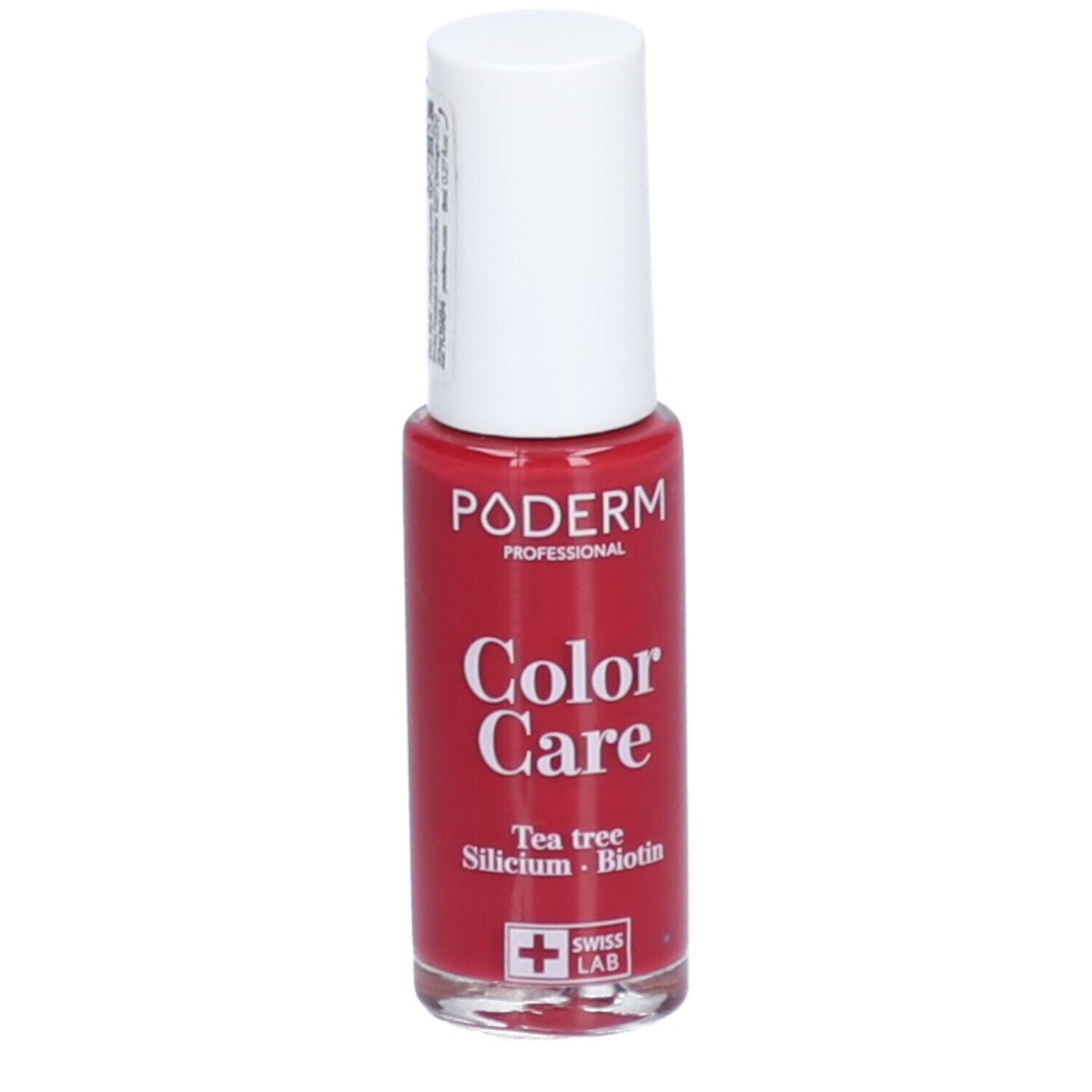 Flacon de vernis à ongles rouge avec bouchon blanc. Inscription: PODERM Color Care, Swiss Lab.