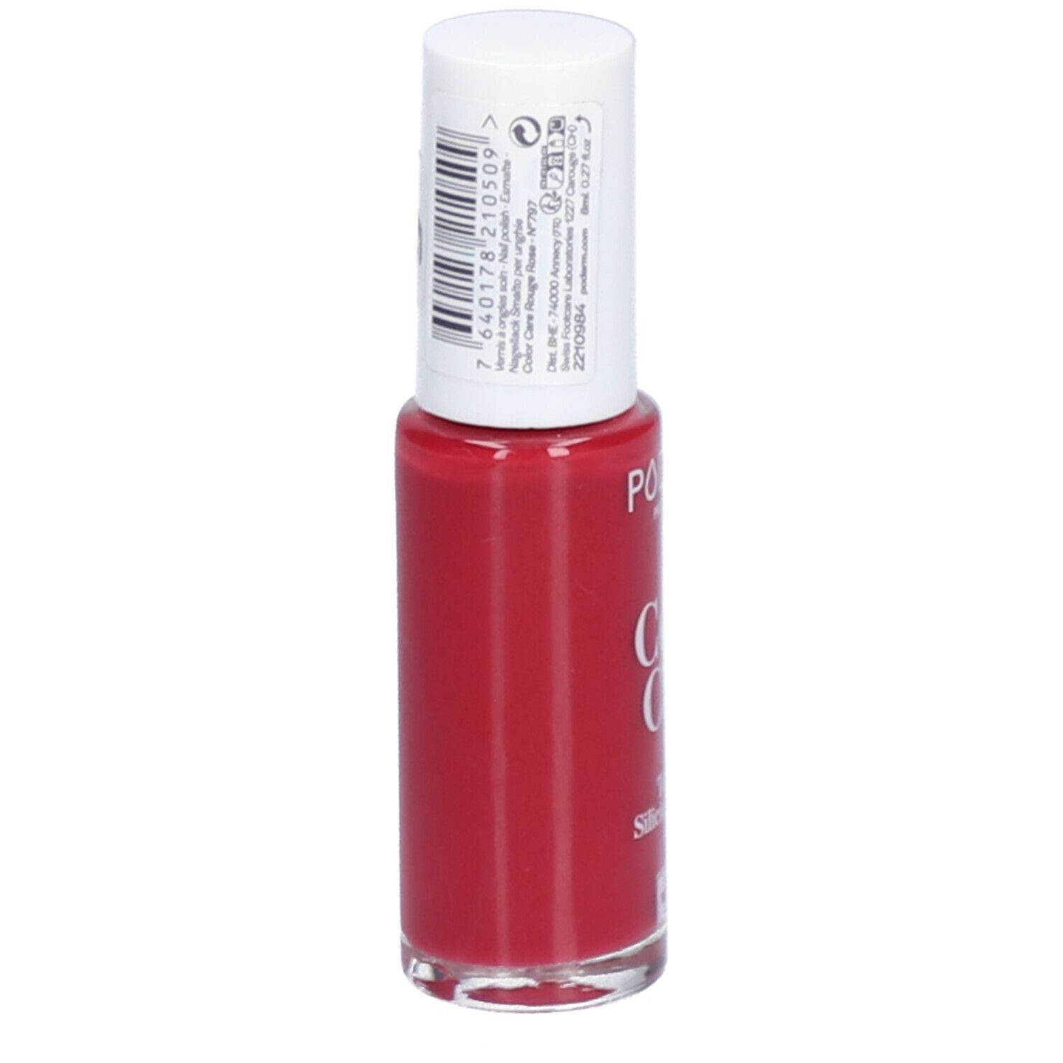 Flacon de vernis à ongles rouge avec bouchon blanc. Dos avec code-barres et texte.