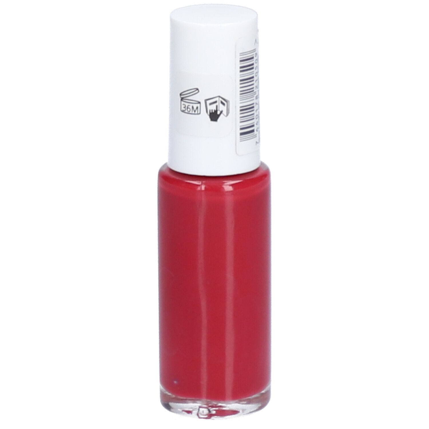 Flacon de vernis à ongles rouge avec bouchon blanc. Symboles et texte sur le bouchon.