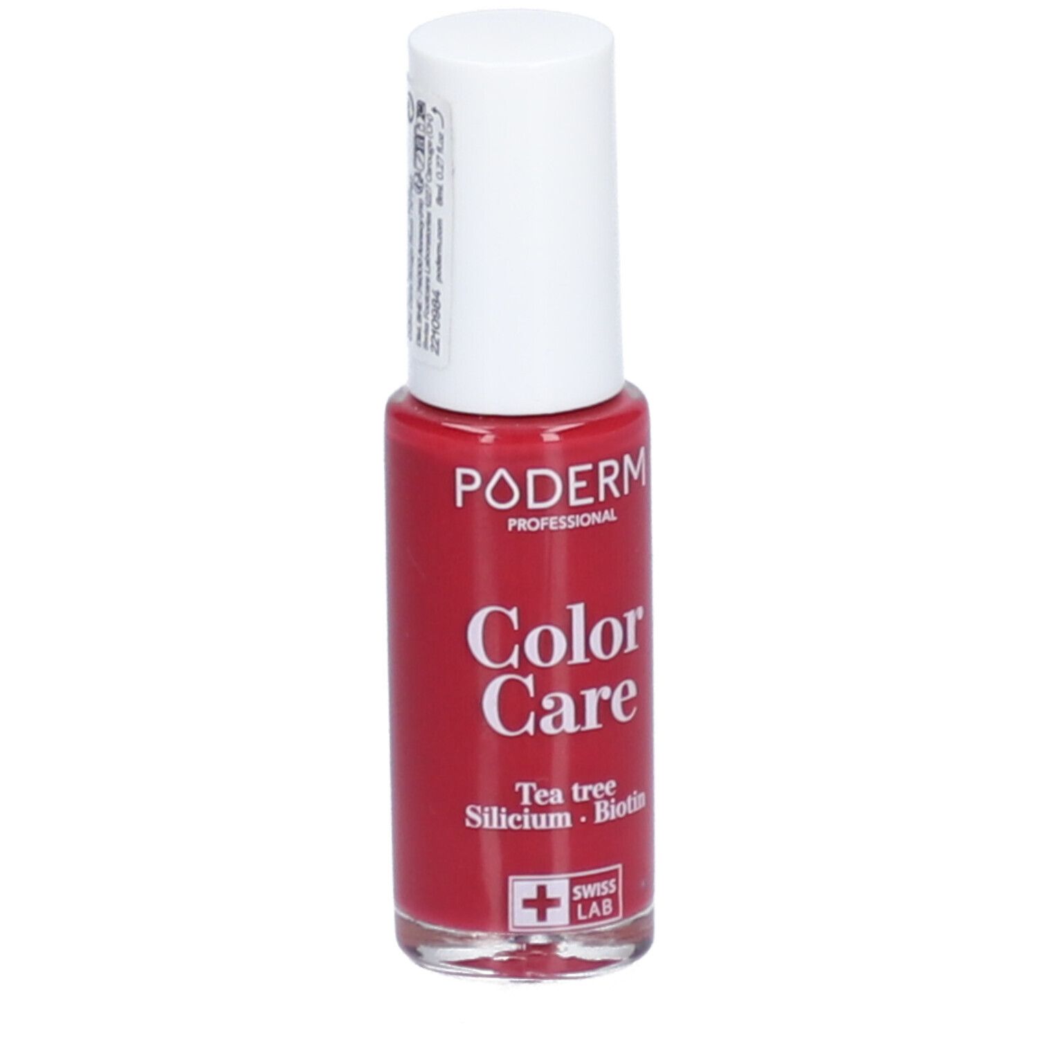Flacon de vernis à ongles rouge avec bouchon blanc. Inscription: PODERM Color Care, Swiss Lab.
