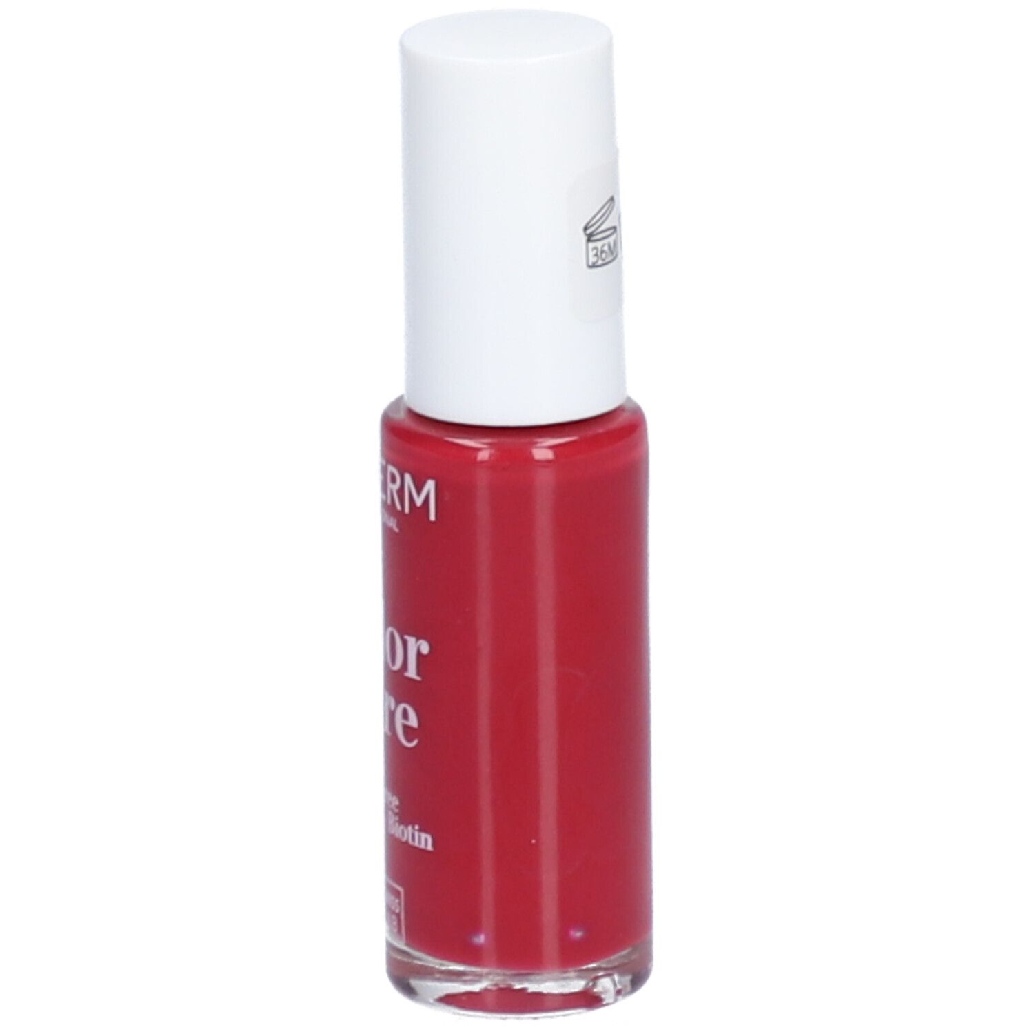 Flacon de vernis à ongles rouge avec bouchon blanc. Inscription: PODERM Color Care.