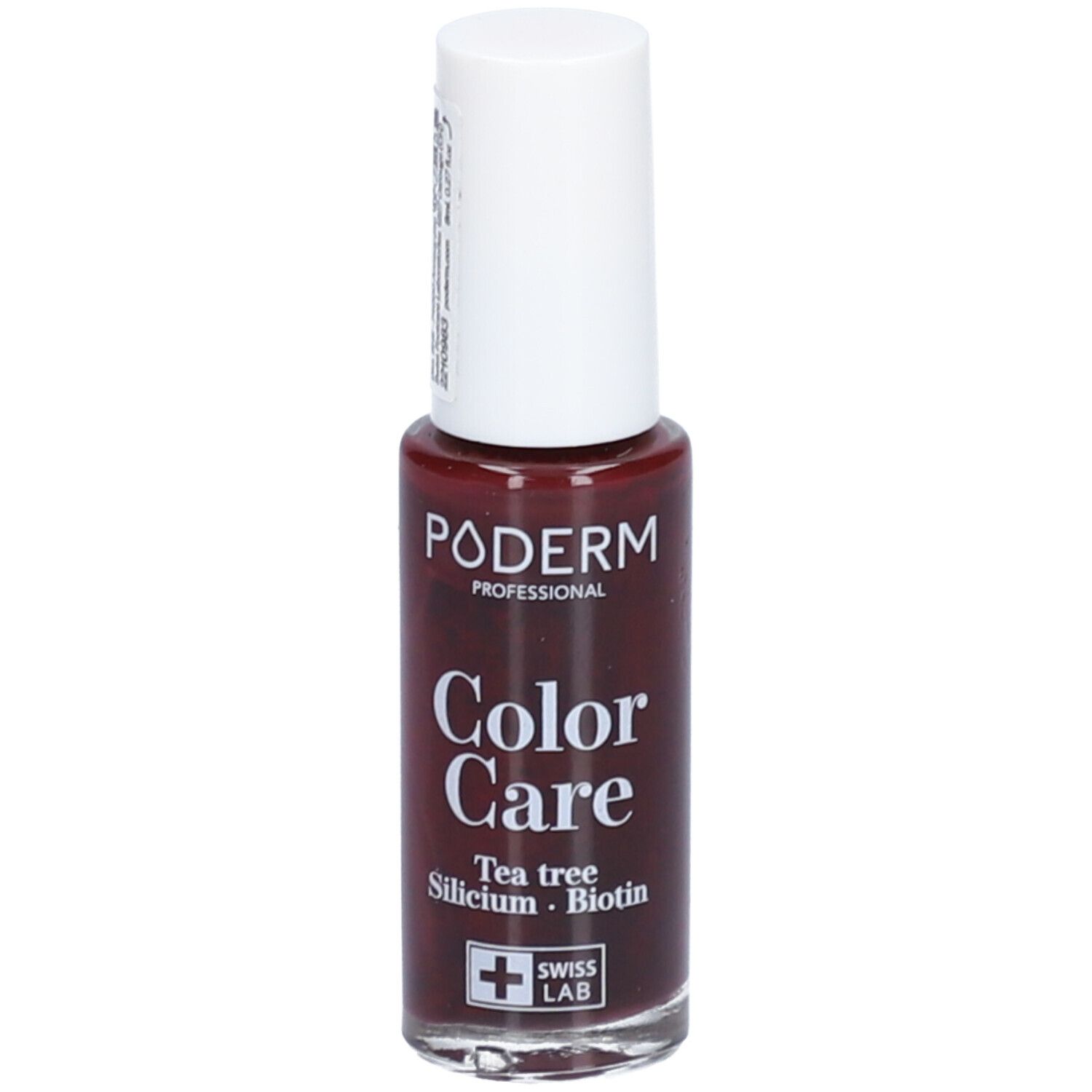 Nagellackflasche mit weißem Deckel. Aufschrift: Poderm Color Care, Tea tree, Silicium, Biotin. Swiss Lab Logo.