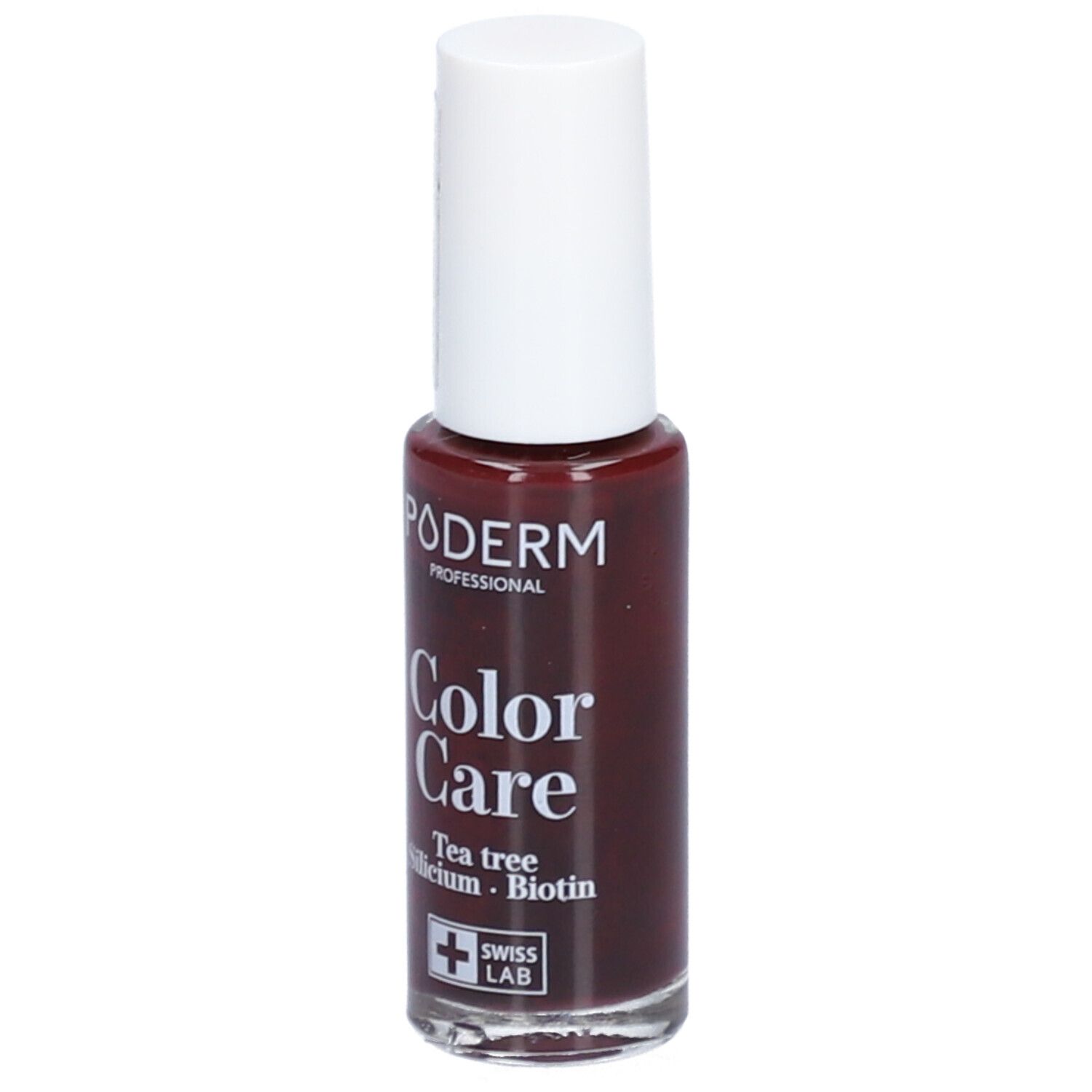Nagellackflasche mit weißem Deckel. Aufschrift: Poderm Color Care, Tea tree, Silicium, Biotin. Swiss Lab Logo.