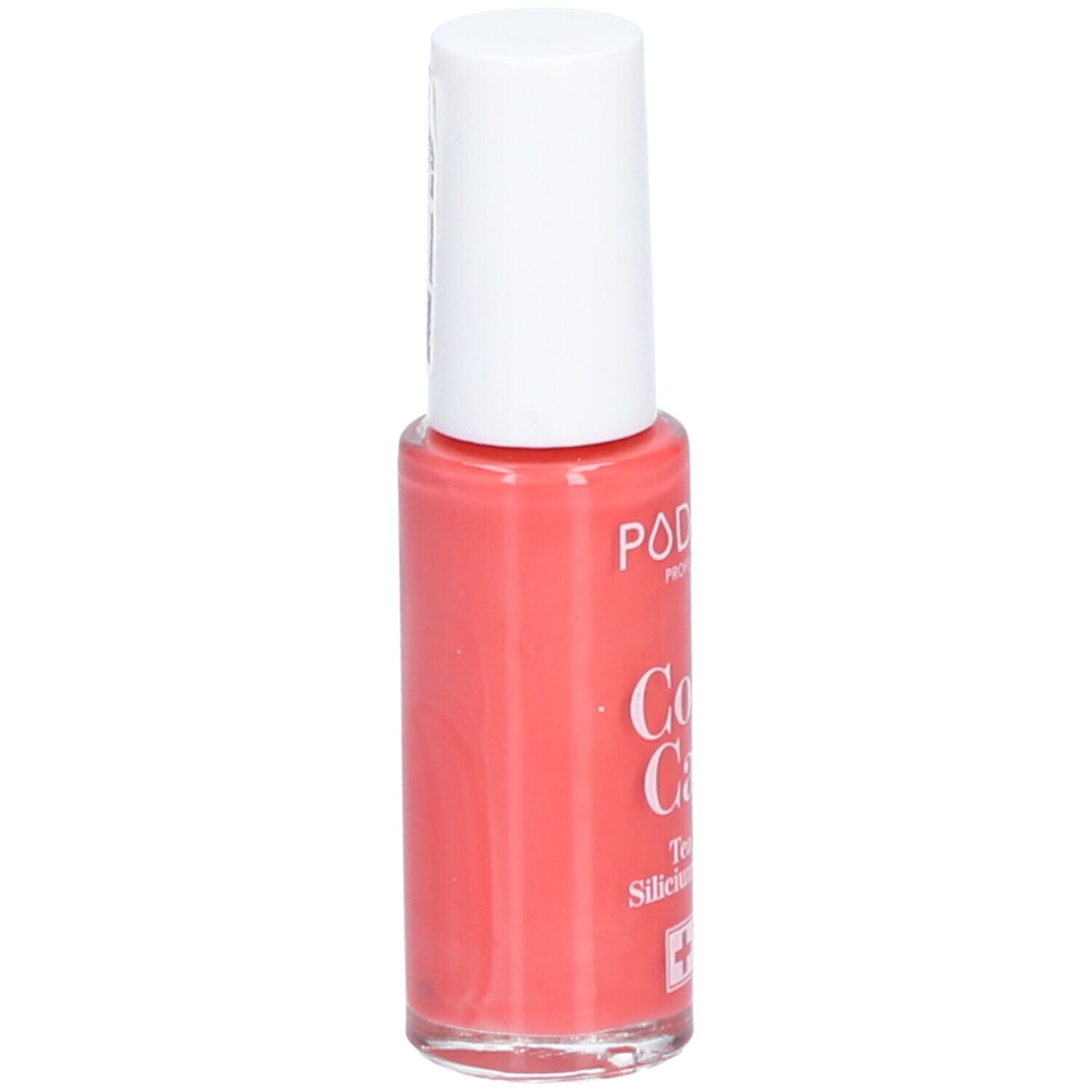 Korallenfarbener Nagellack in einer Flasche mit weißem Deckel. Aufschrift: PODERM, Color Care, Tea tree, Silicium, Biotin. Swiss Lab.