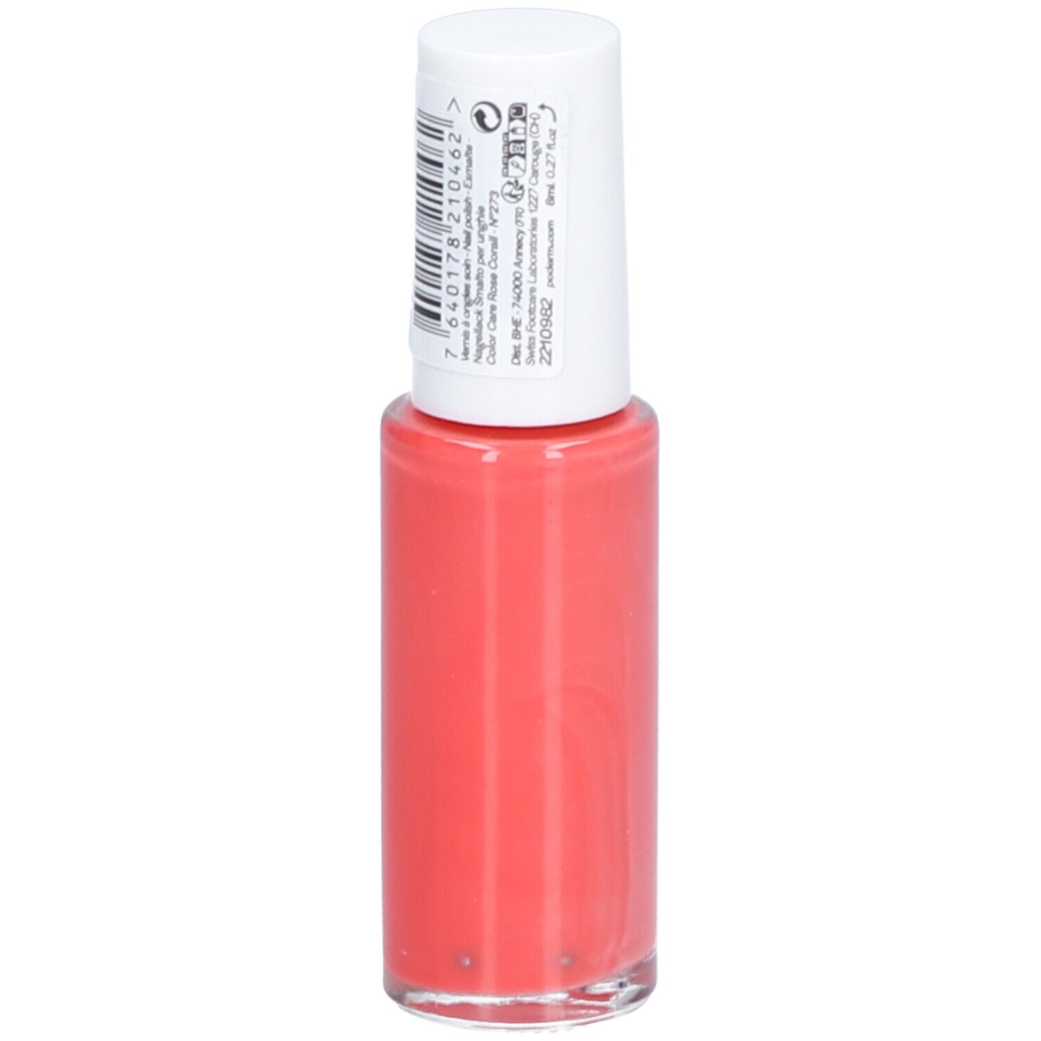 Nagellackflasche, korallenrot. Weißer Deckel mit Barcode. Aufschrift: PODERM, Color Care, Tea tree, Silicium, Biotin. Swiss Lab.