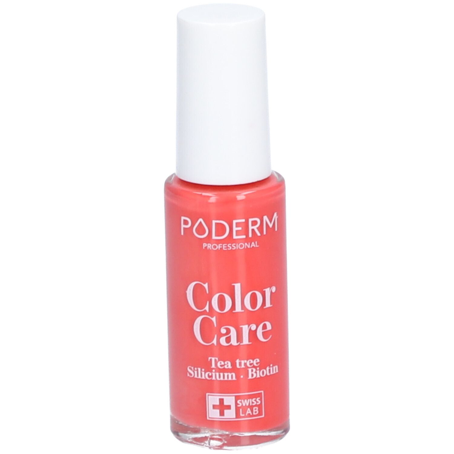 Korallenfarbener Nagellack in einer Flasche mit weißem Deckel. Aufschrift: PODERM, Color Care, Tea tree, Silicium, Biotin. Swiss Lab.