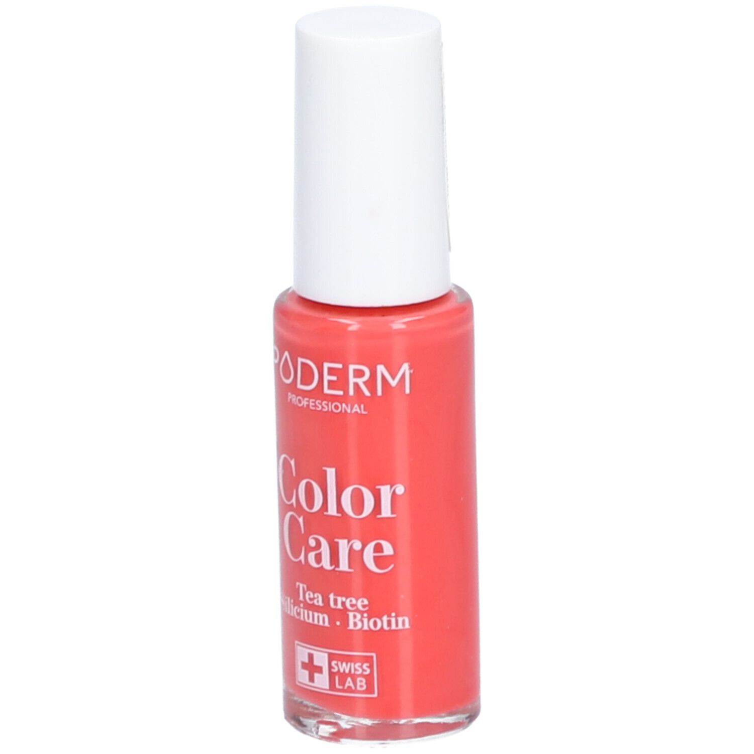 Nagellackflasche, korallenrot. Weißer Deckel. Aufschrift: PODERM, Color Care, Tea tree, Silicium, Biotin. Swiss Lab.