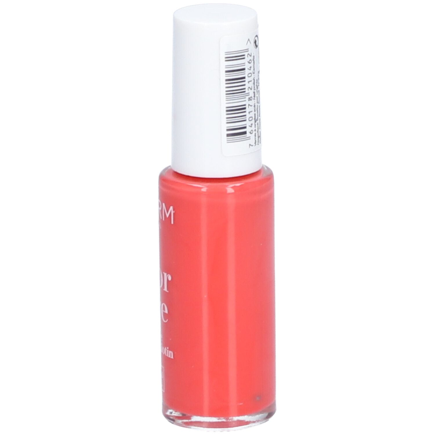 Nagellackflasche, korallenrot. Weißer Deckel mit Barcode. Aufschrift: PODERM, Color Care, Tea tree, Silicium, Biotin. Swiss Lab.