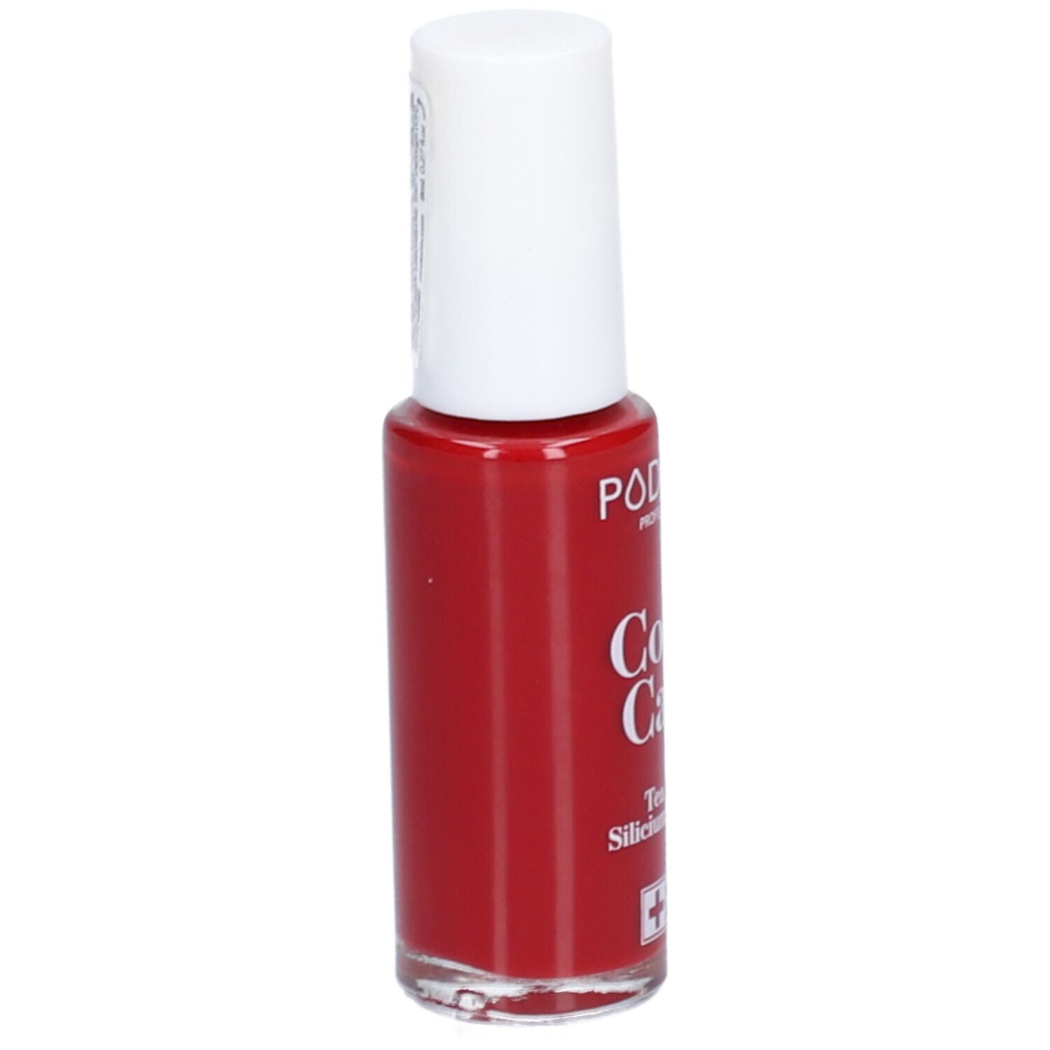Roter Nagellackflakon mit weißem Deckel. Seitenansicht. Aufschrift: PODERM Color Care, Swiss Lab.