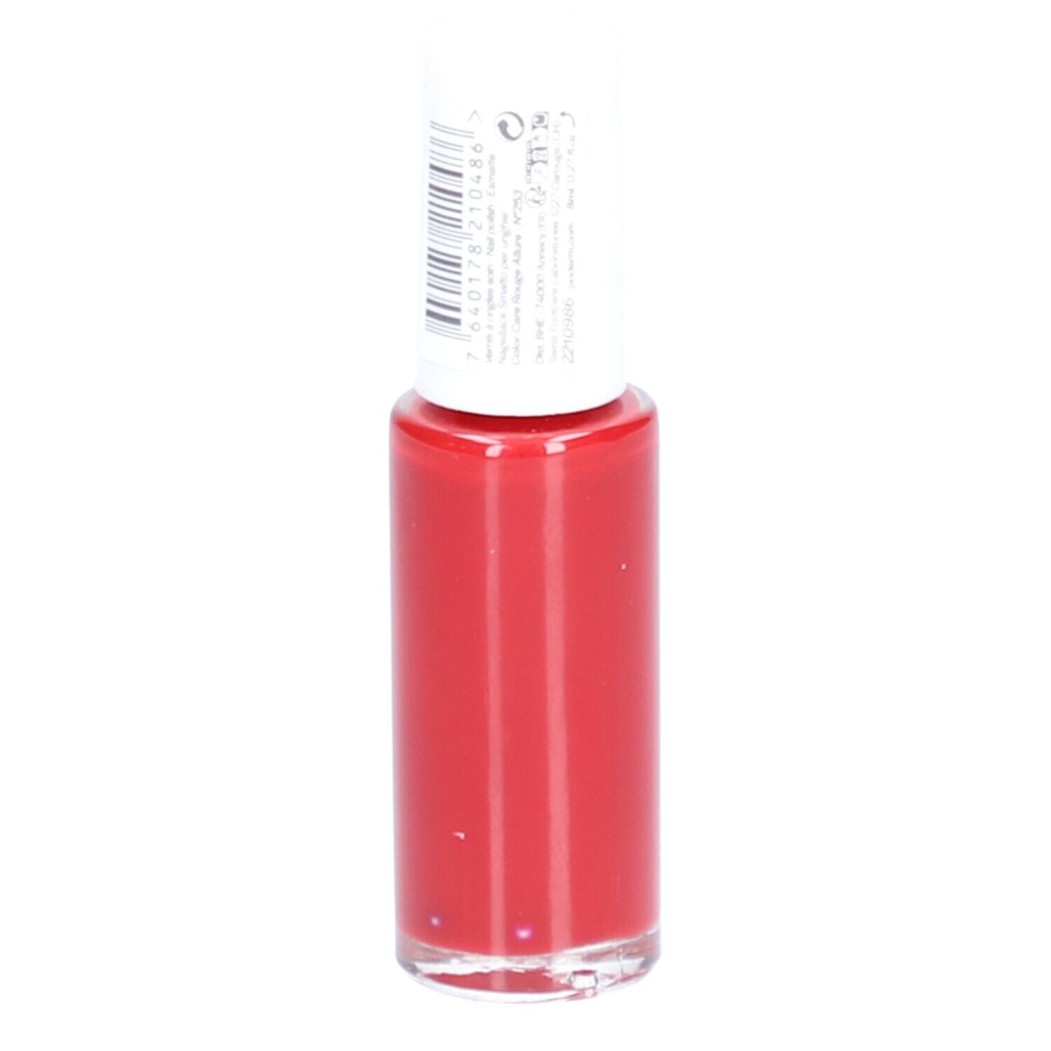 Roter Nagellackflakon mit weißem Deckel. Rückansicht. Barcode auf dem Deckel.