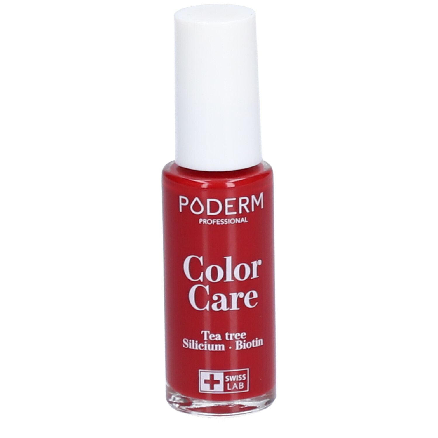 Roter Nagellackflakon mit weißem Deckel. Aufschrift: PODERM Color Care, Swiss Lab.