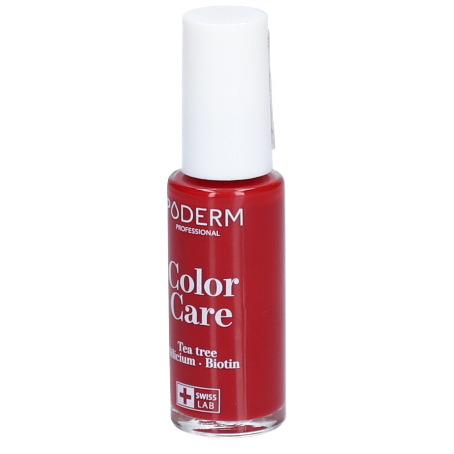 Roter Nagellackflakon mit weißem Deckel. Aufschrift: PODERM Color Care, Swiss Lab.