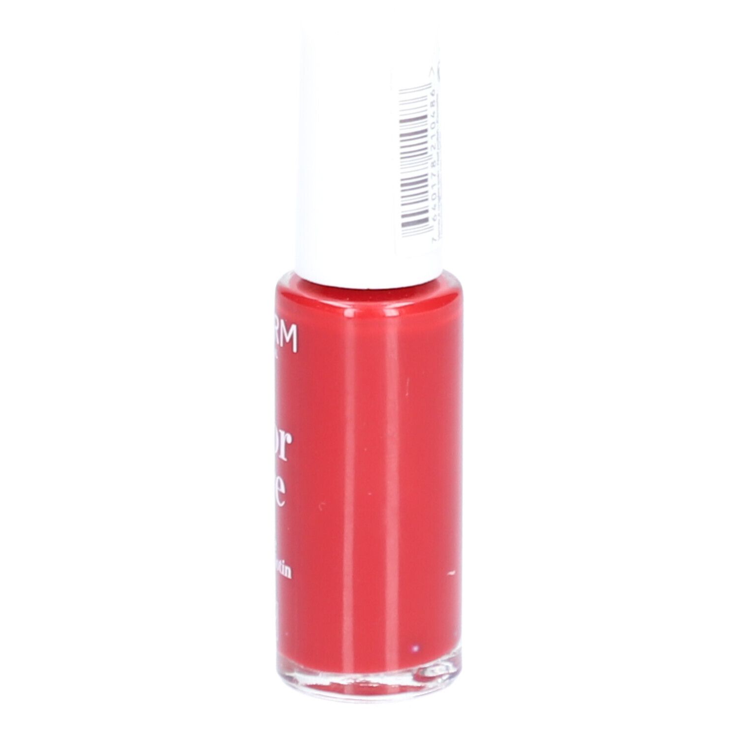 Roter Nagellackflakon mit weißem Deckel. Seitenansicht. Aufschrift: PODERM Color Care, Swiss Lab.