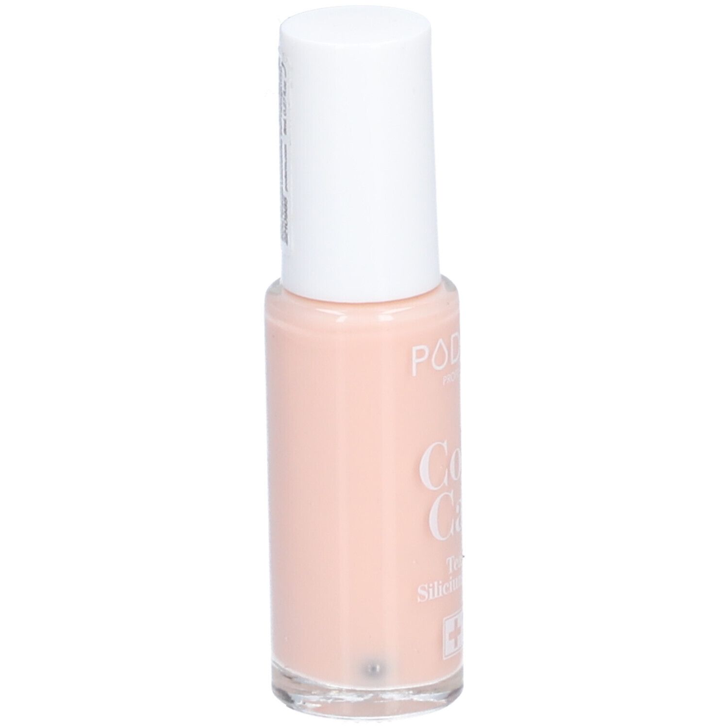 Nagellackflasche, rosa. Weißer Deckel. Aufschrift: PODERM, Color Care, Tea tree, Silicium, Biotin. Swiss Lab.