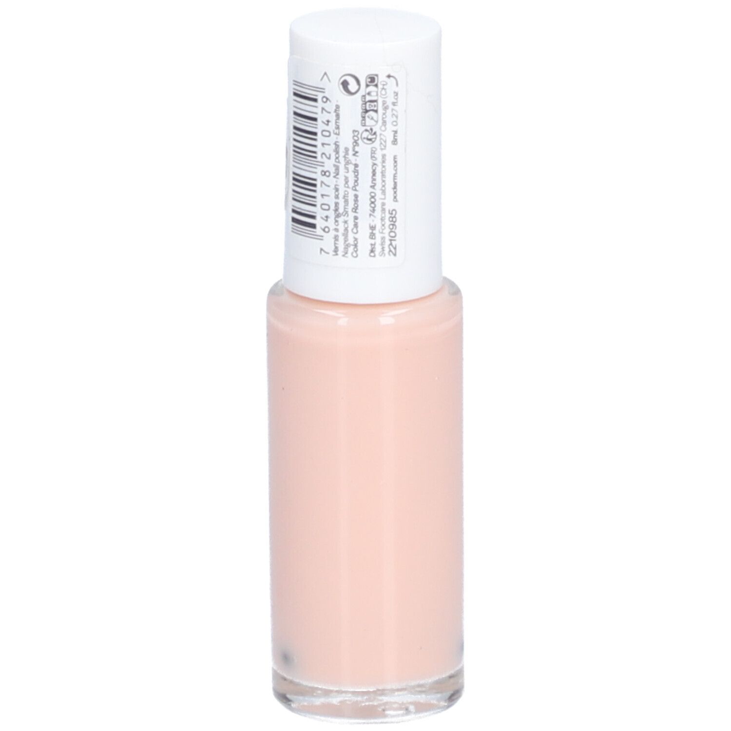 Nagellackflasche, rosa. Weißer Deckel mit Barcode. Aufschrift: PODERM, Color Care, Tea tree, Silicium, Biotin. Swiss Lab.