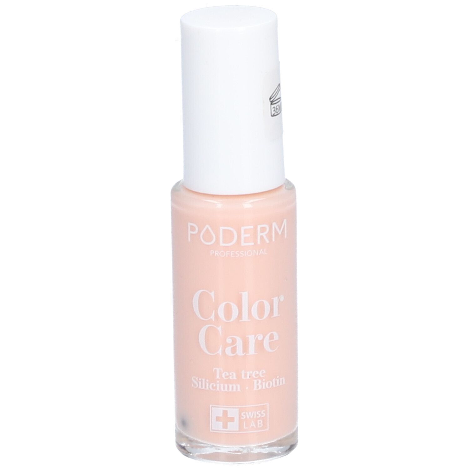 Nagellackflasche, rosa. Weißer Deckel. Aufschrift: PODERM, Color Care, Tea tree, Silicium, Biotin. Swiss Lab.